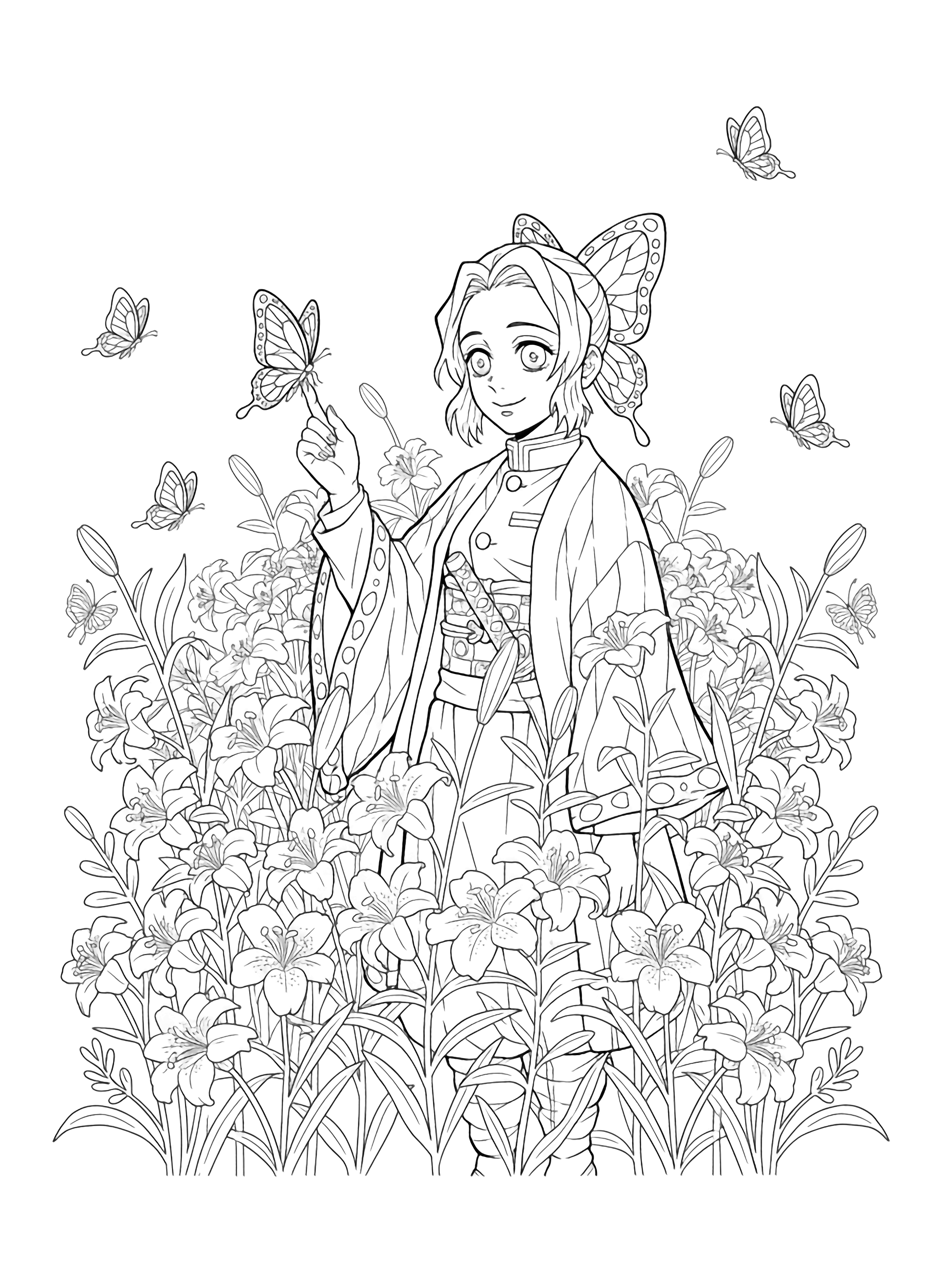 Shinobu smiles amid tall lilies, a butterfly on her fingertip, more butterflies and garden plants surrounding her. kleurplaat