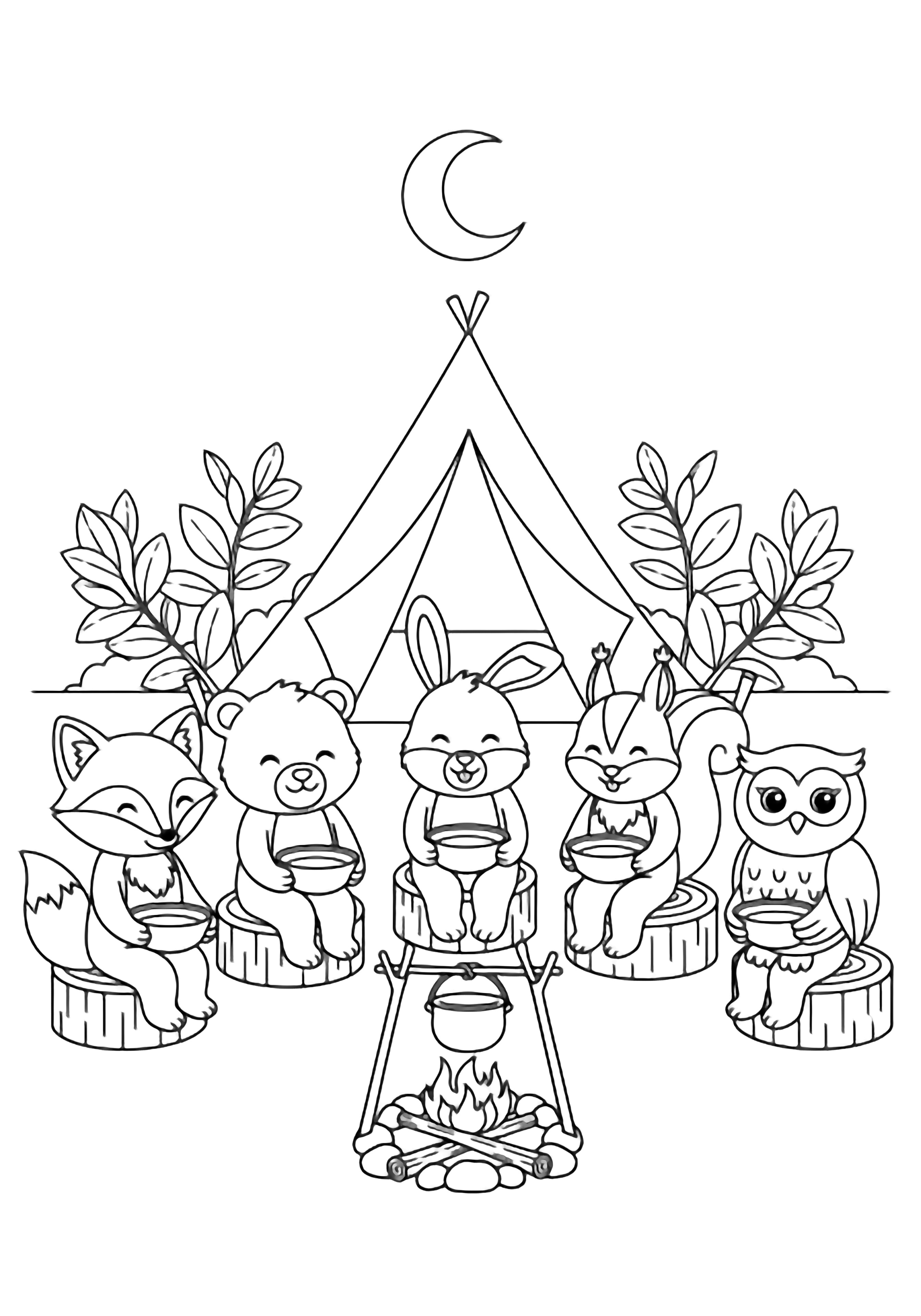 Five cheerful forest animals sit in a ring on logs, bowls in paws; a tiny campfire with crossed sticks and suspended pot glows between them, a big tent behind, two plants and a crescent moon above. kleurplaat