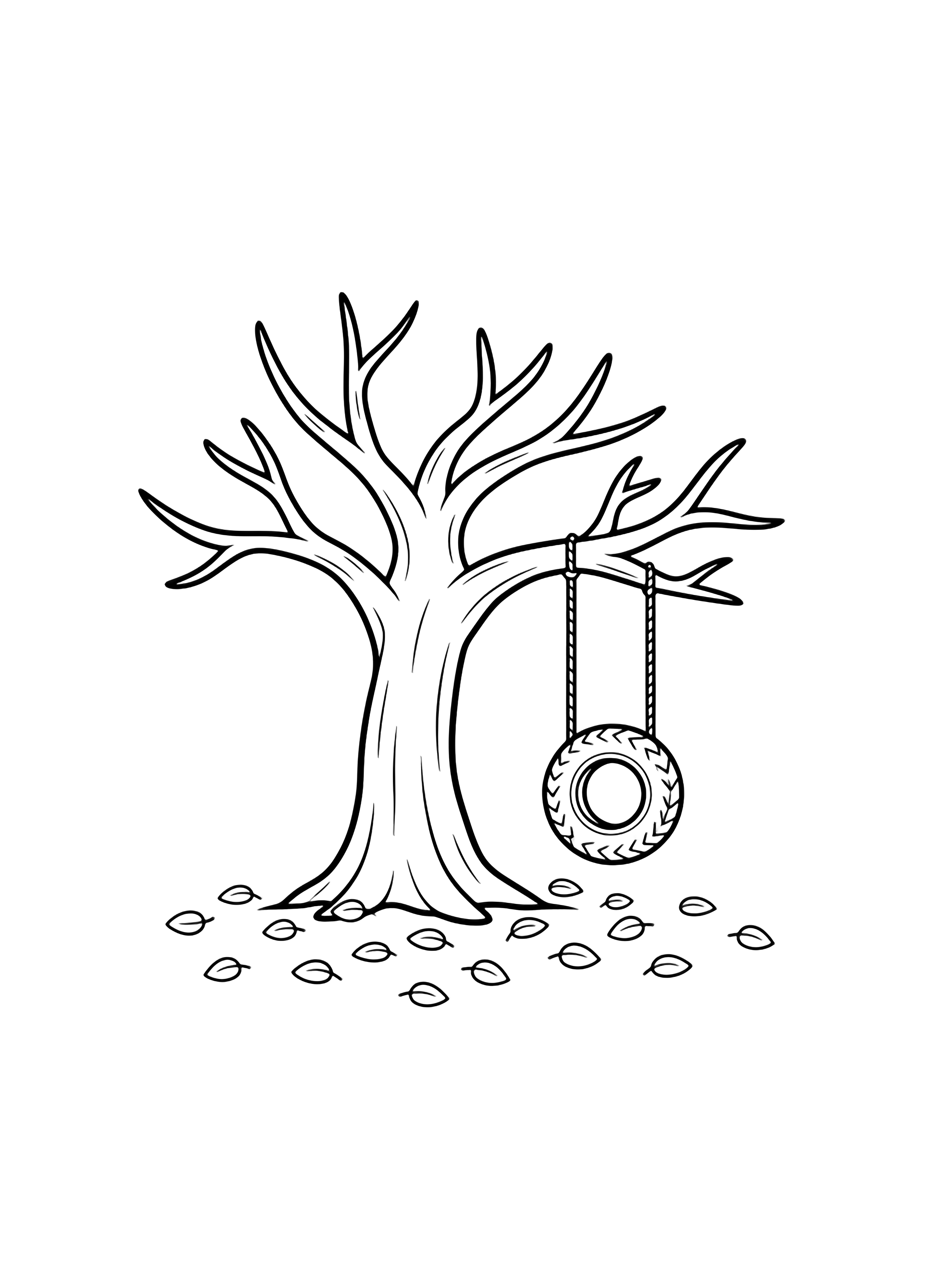 A cheerful tree with an empty tire swing, fallen leaves dotting the grass below. kleurplaat