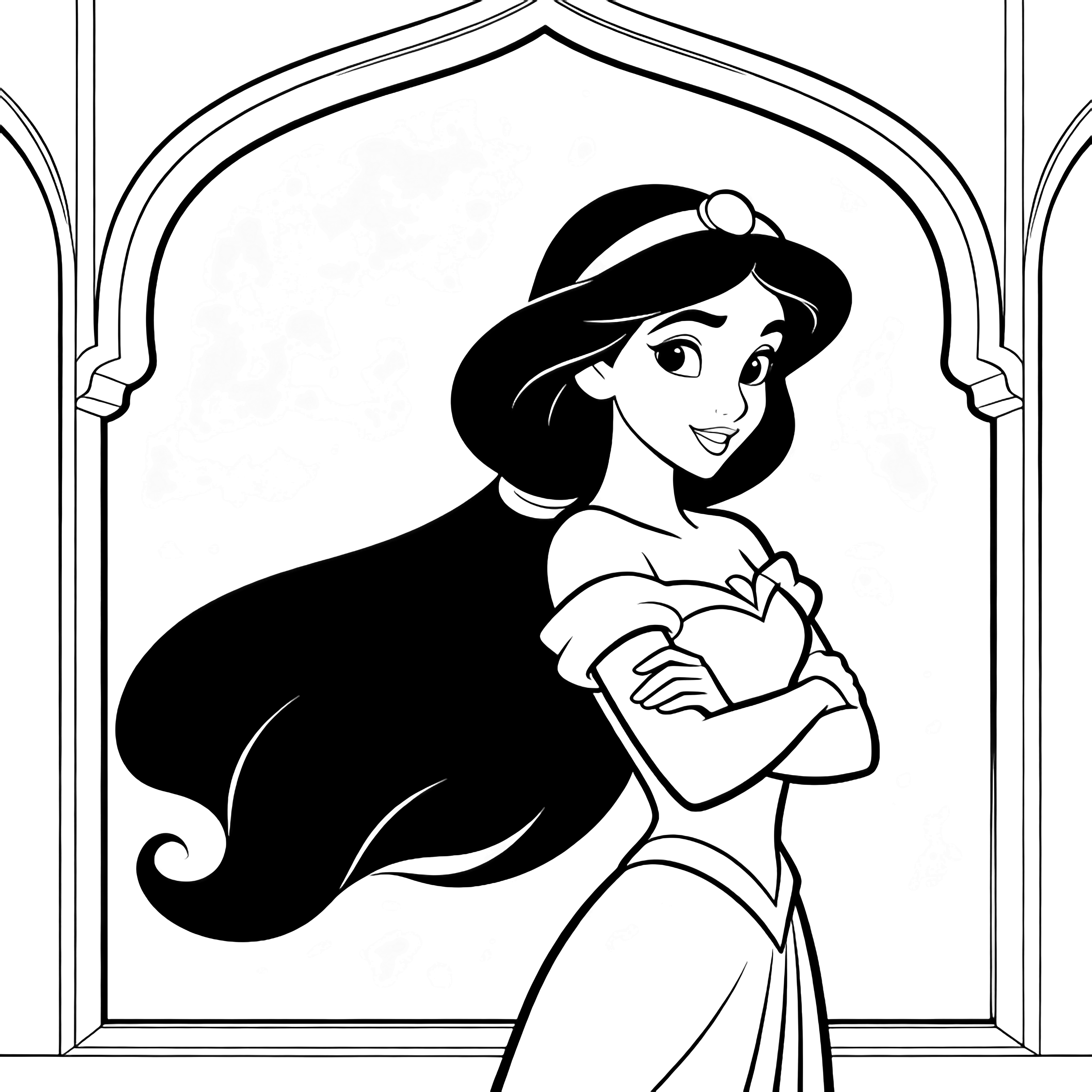Jasmine stands sideways with crossed arms, long black hair flowing behind her; palace window arches frame the scene. kleurplaat
