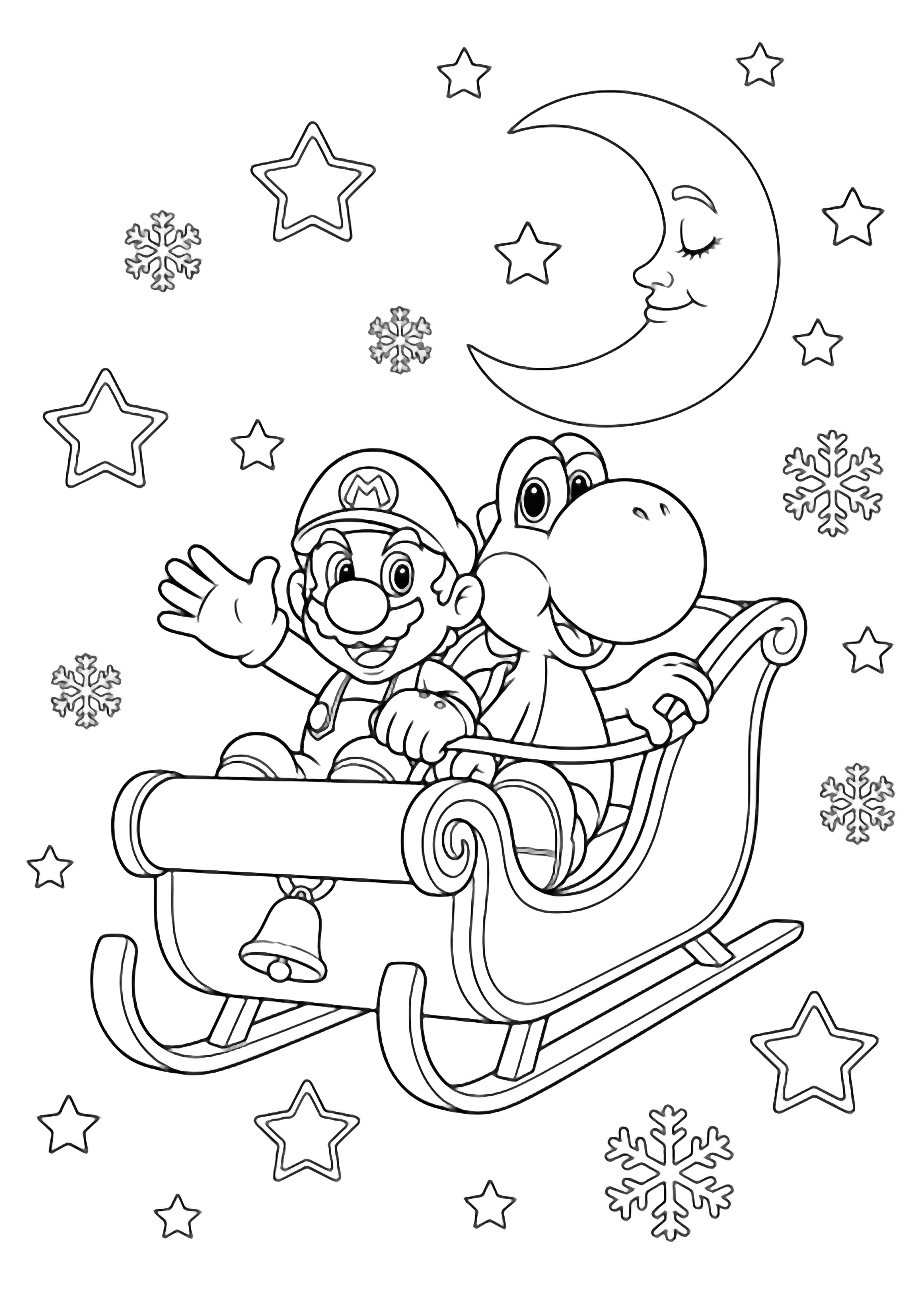 illustration on a Mario and Yoshi sit cheerfully in a sleigh high in the sky outlined in bold black; simple stars and six point snowflakes drift around them with a smiling crescent moon behind all on clean white space ready to color clean black kleurplaat