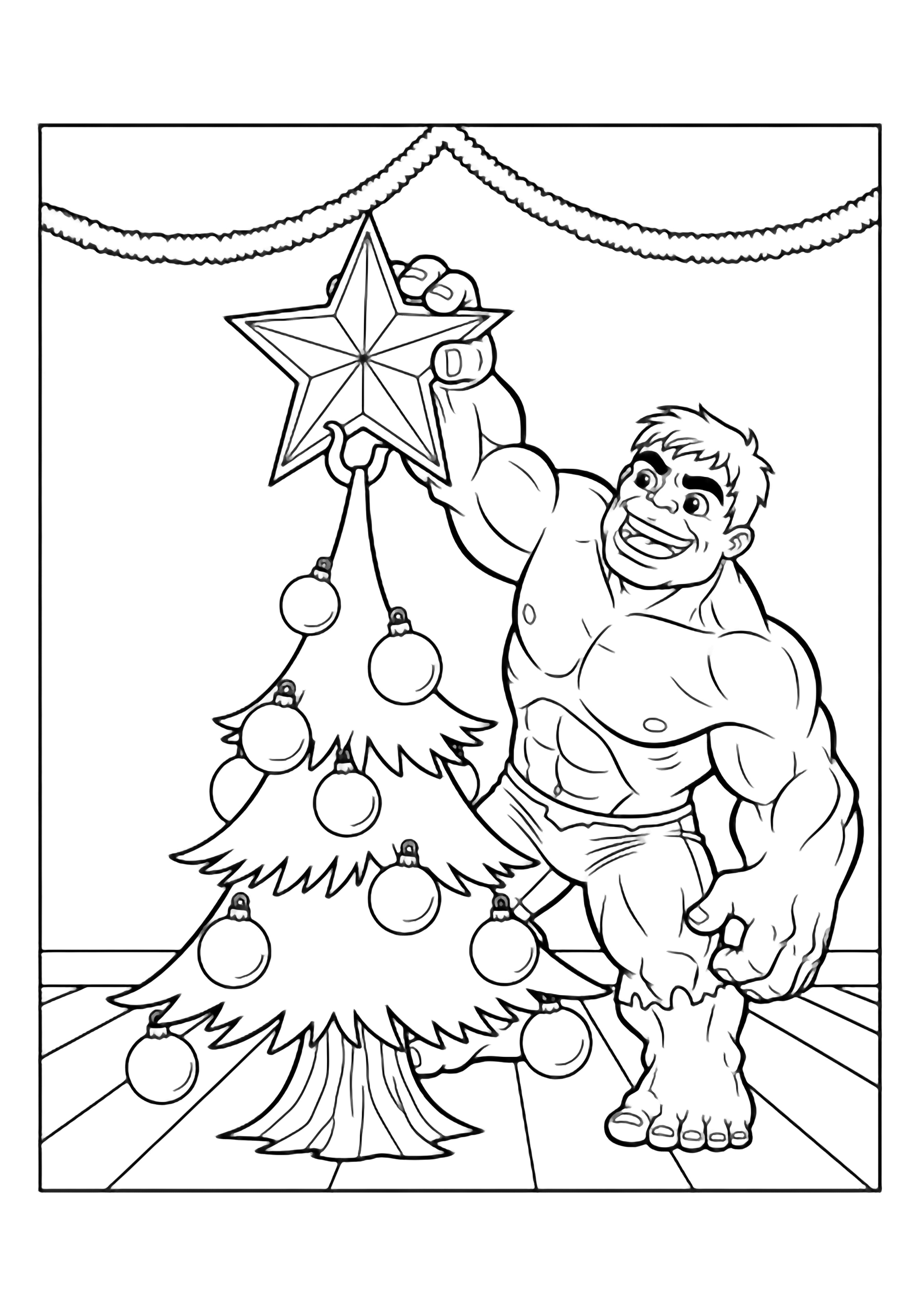 Smiling Hulk hangs a huge star on a small bent tree loaded with giant baubles, framed by a simple floor, wall and garland. kleurplaat