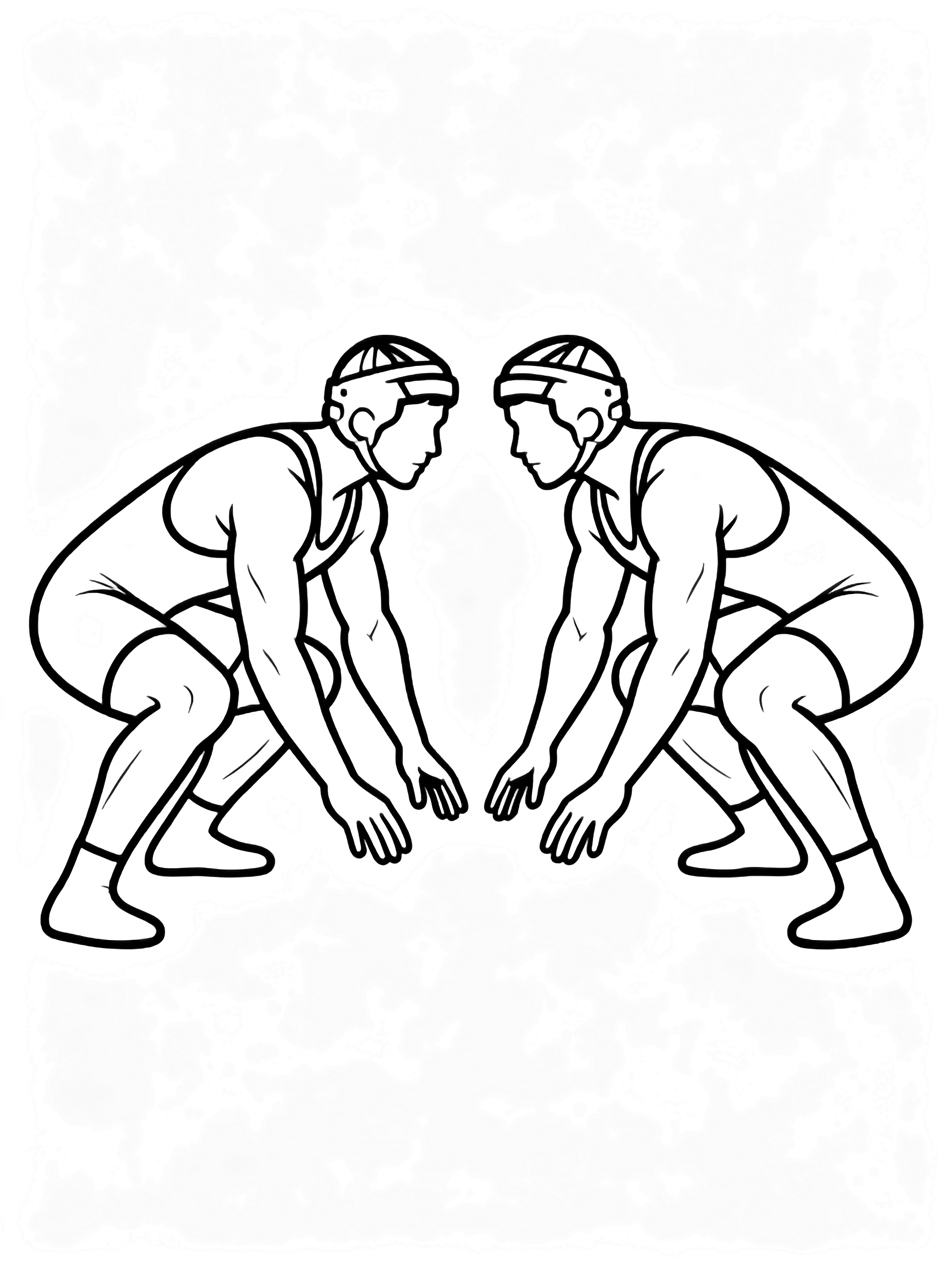 Two wrestlers crouch in mirrored starting stance, knees bent, hands reaching forward, wearing singlets, simple muscles outlined kleurplaat