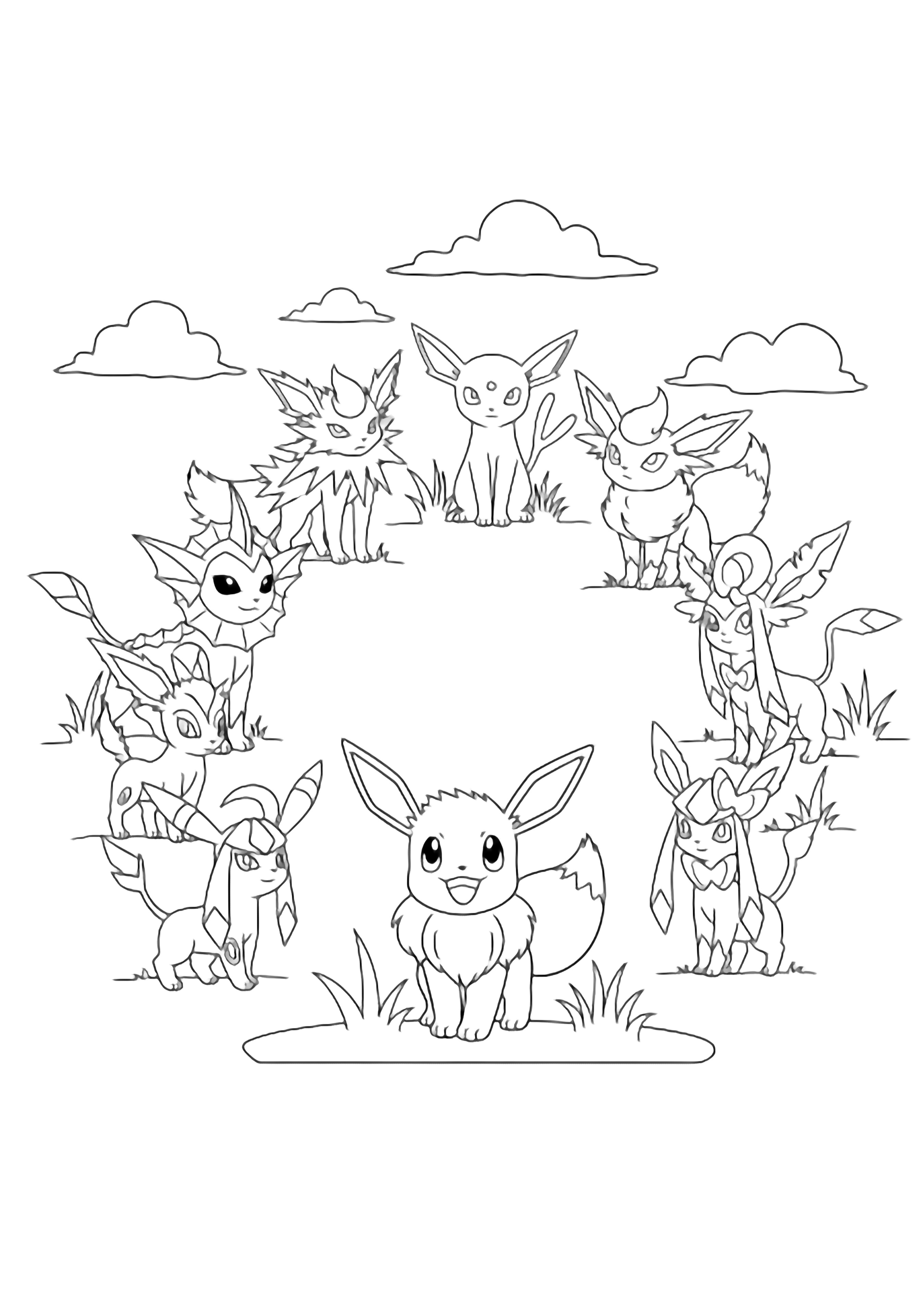 Cheerful Eevee stands centered, encircled by eight upright evolutions, with tufts of grass and clouds around them. kleurplaat