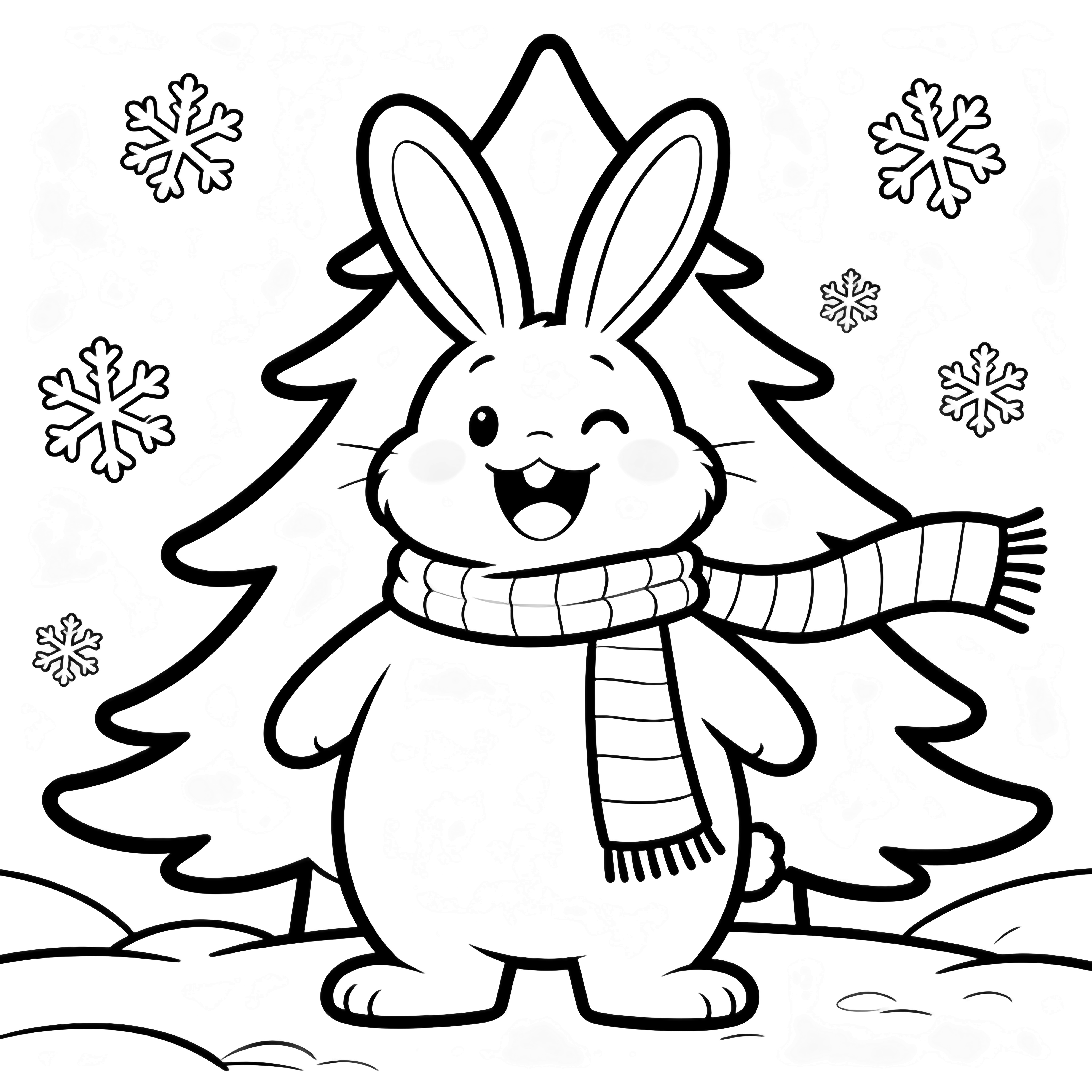 A cheerful plump bunny stands upright, long striped scarf fluttering, amid drifting five-petaled snowflakes, with a simple fir silhouette behind. kleurplaat