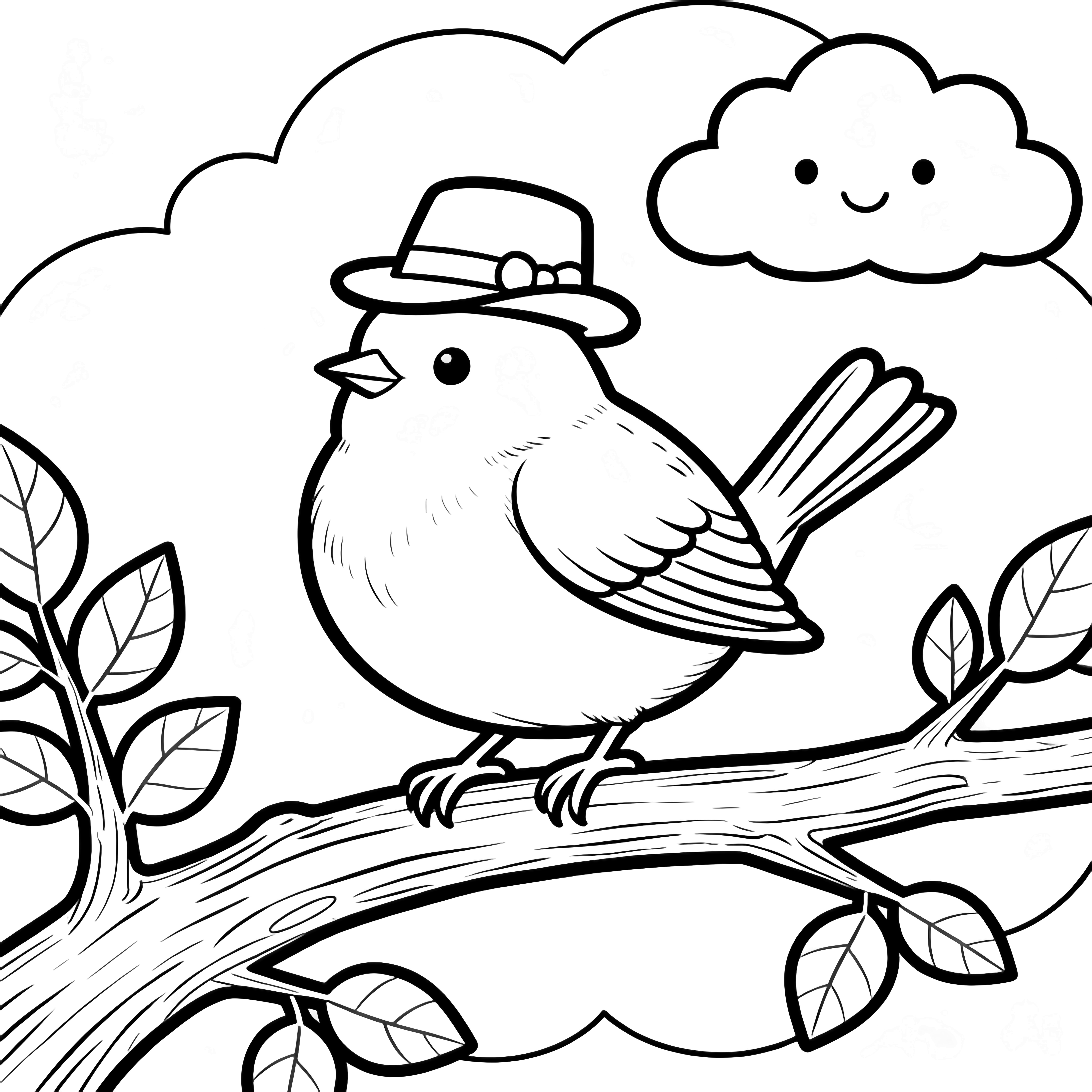 A plump songbird in a derby hat perches on a branch, surrounded by simple leaves and a smiling cloud. kleurplaat
