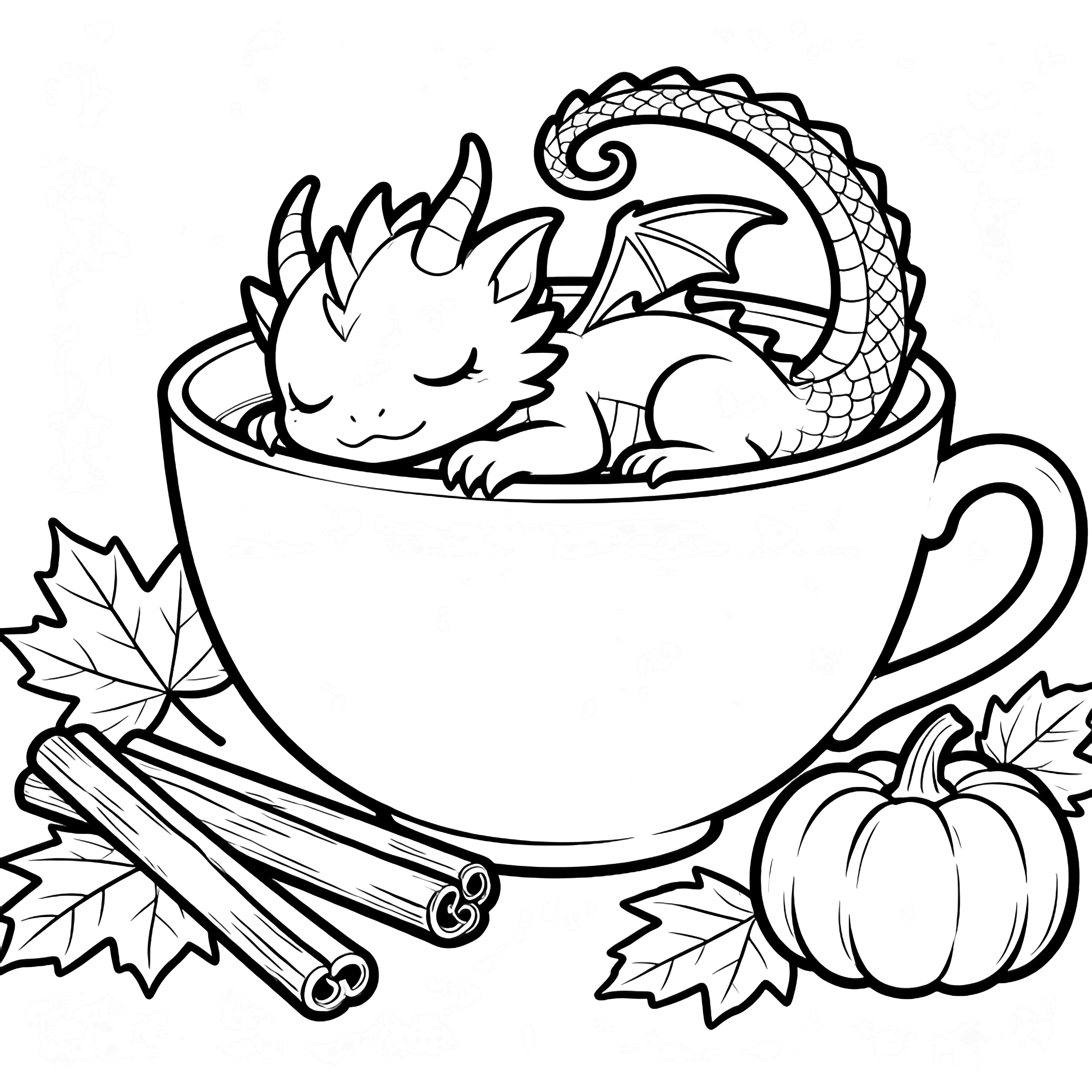 A tiny dragon curled asleep inside a wide teacup, its tail draped over the rim, surrounded by cinnamon sticks, maple leaves, and a miniature pumpkin. kleurplaat