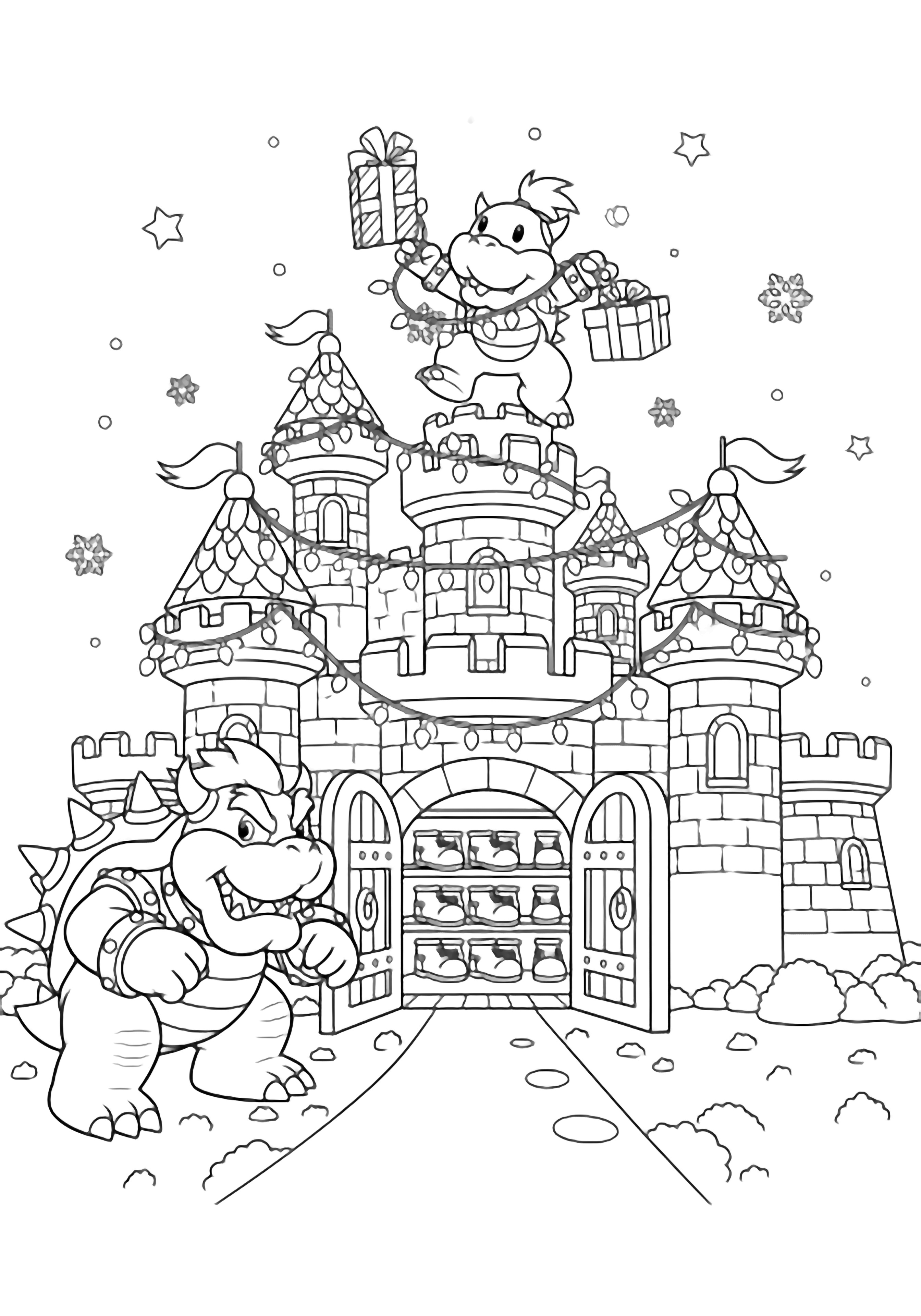 Bowser Jr hangs lights and gifts on castle turrets while Bowser watches proudly; open doors reveal boots in snow, drifting snowflakes, a simple path, and stars. kleurplaat