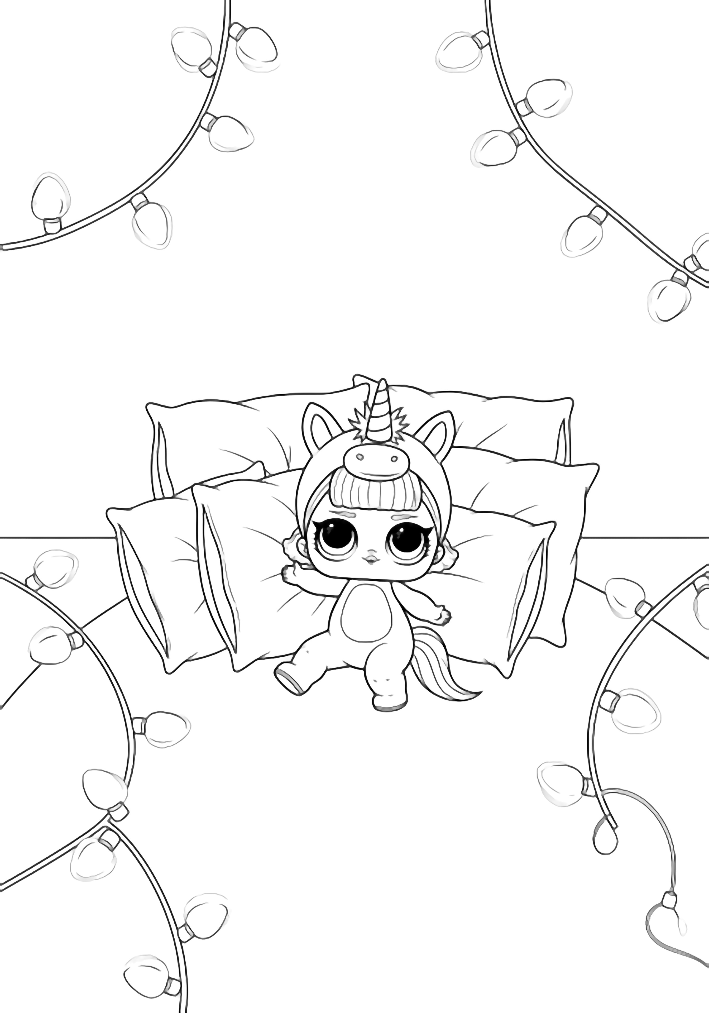 A unicorn-costumed LOL doll reclines on pillows under looping fairy lights. kleurplaat