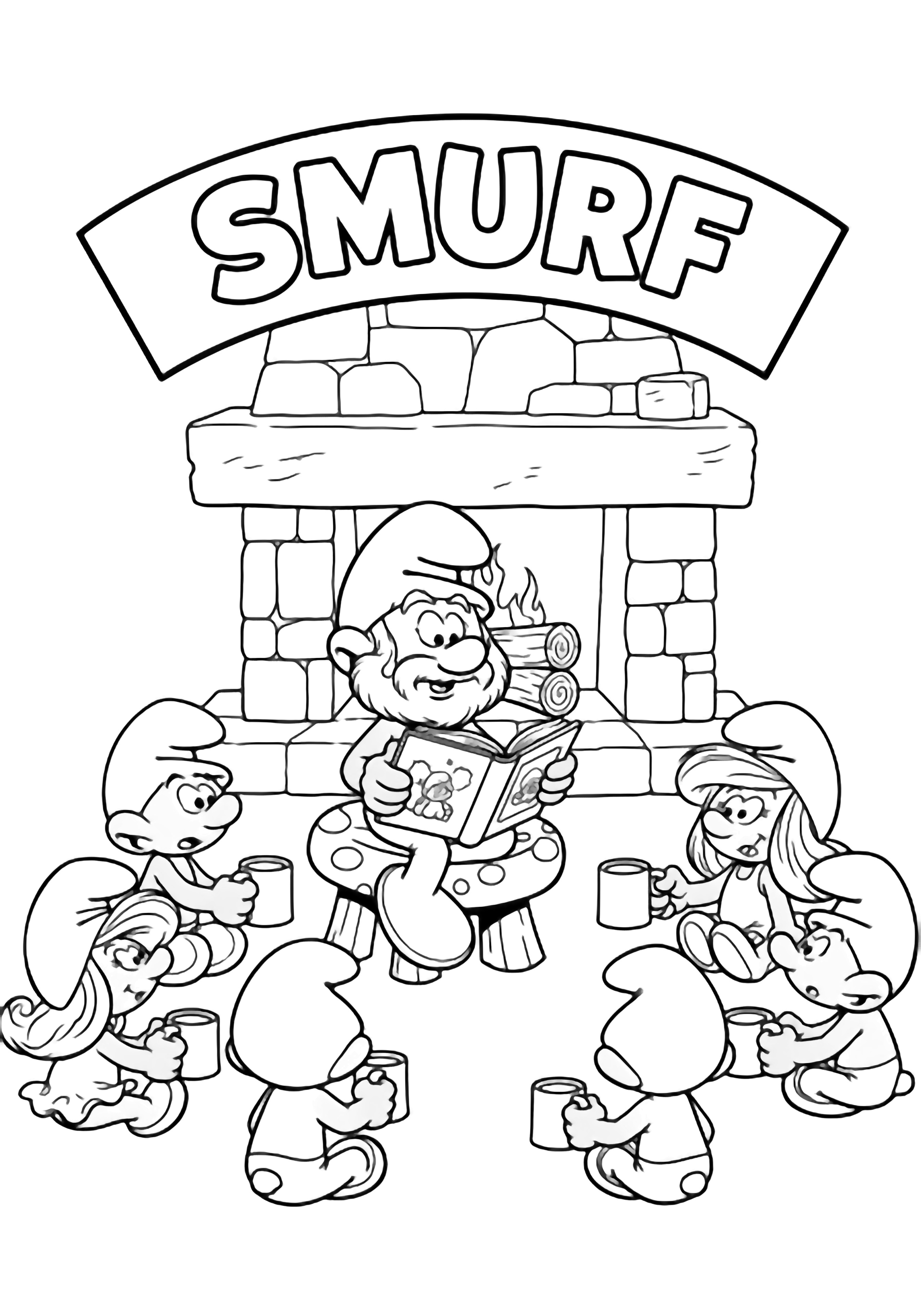 Papa Smurf on a mushroom stool reading an open storybook, five cross-legged Smurfs with empty mugs, stone fireplace with two logs behind, curved "SMURF" banner overhead. kleurplaat