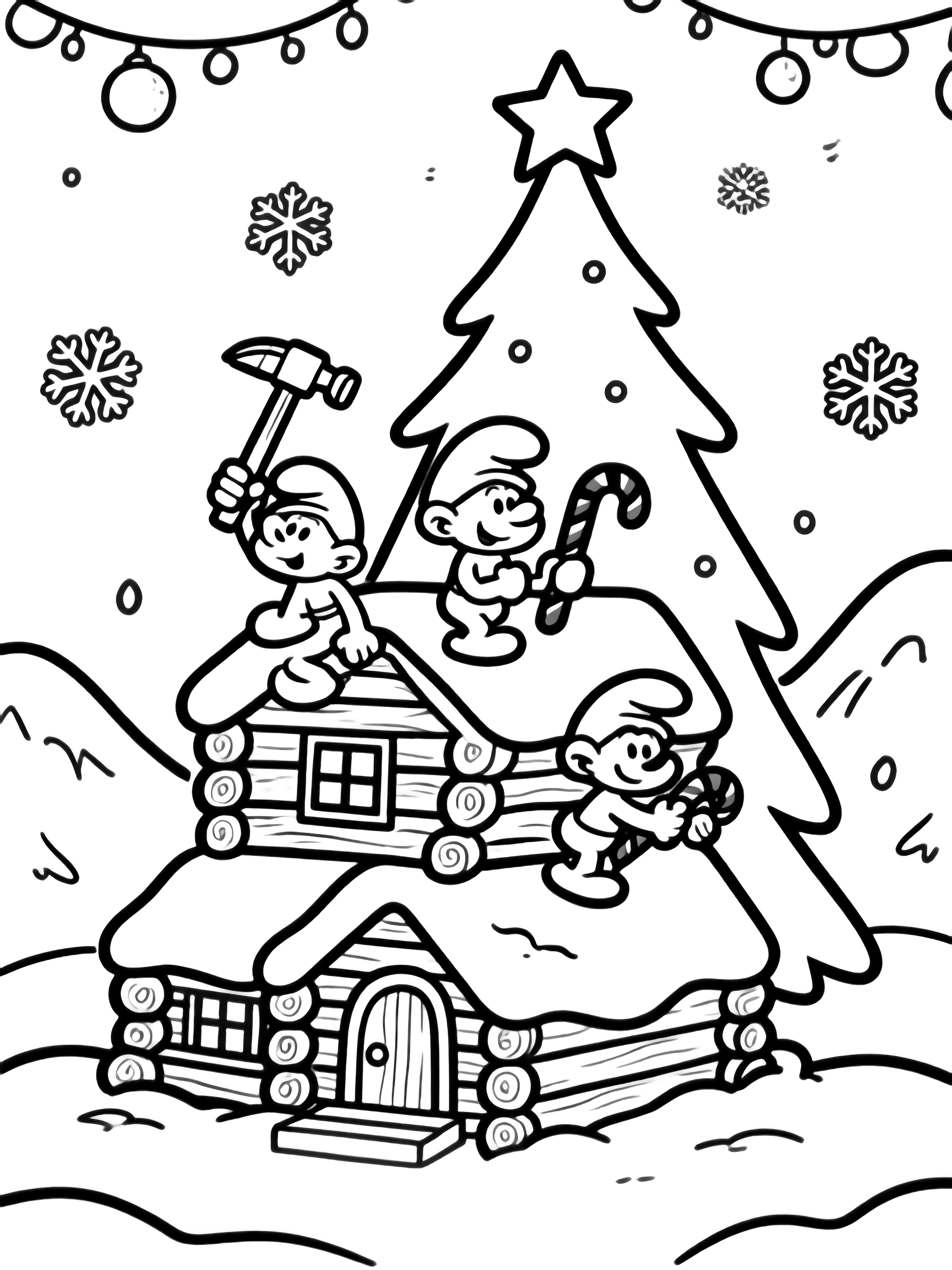 Three Smurfs build log cabins beside a tall star-topped Christmas tree; one hammers, one holds a roof, one carries a candy cane, with snowy hills and falling snowflakes around them. kleurplaat