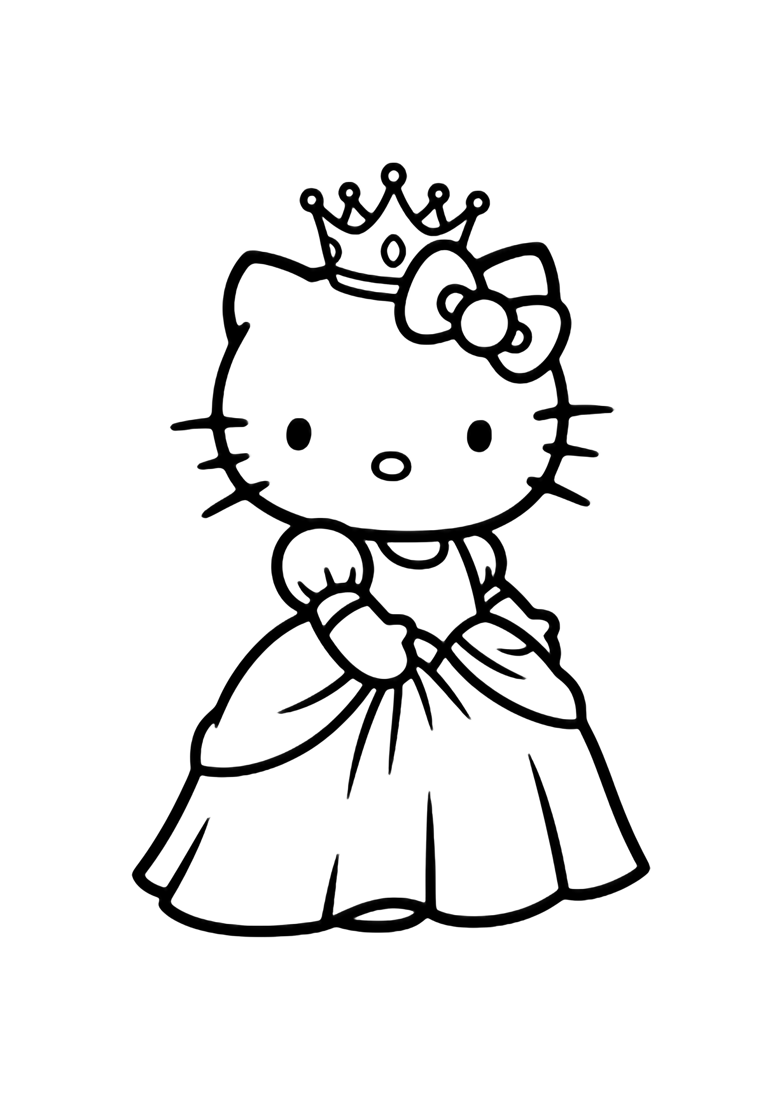 Hello Kitty smiling in a princess gown, wearing a five-point crown and gently holding her dress hem. kleurplaat