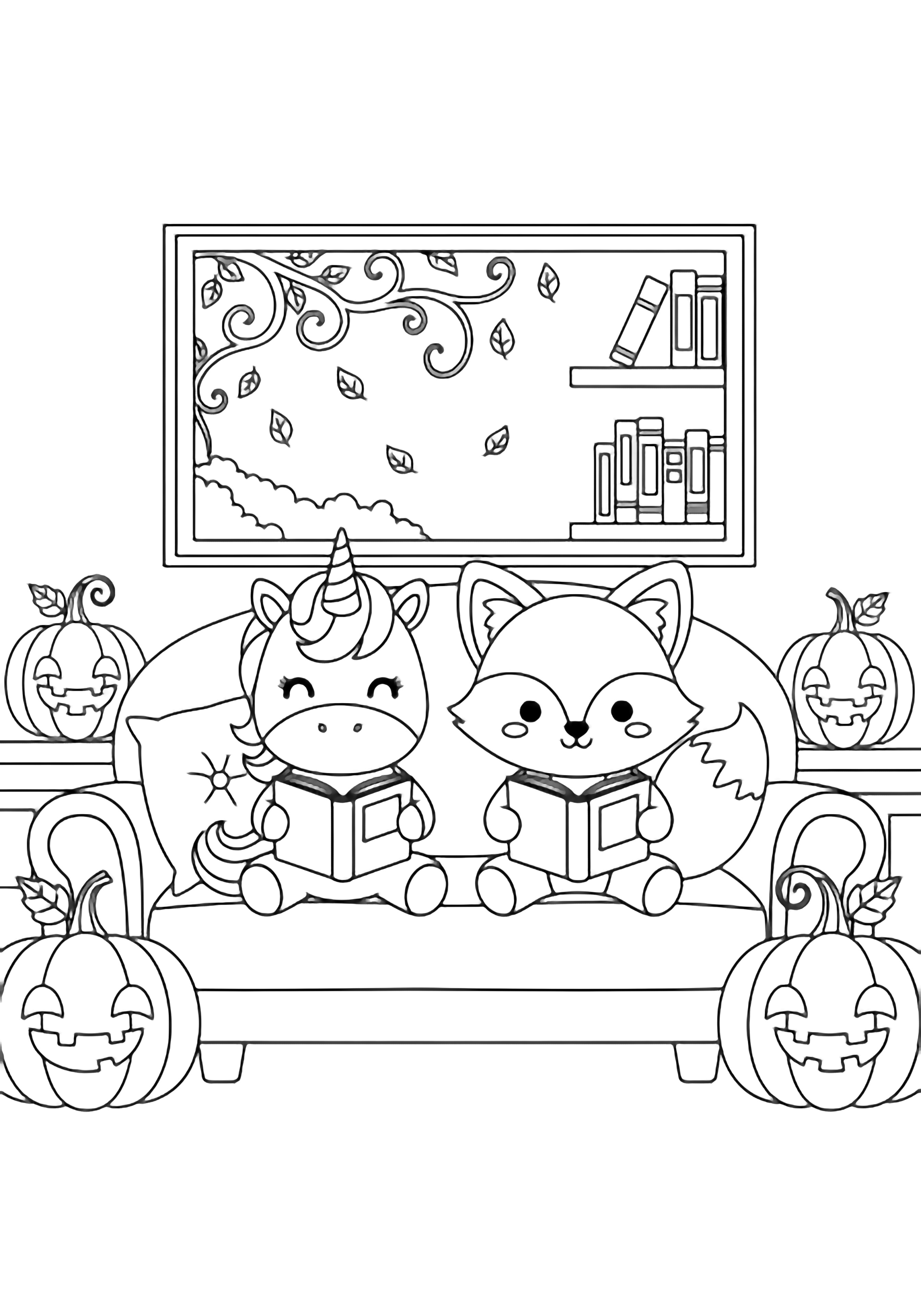 A unicorn and a fox sit on a sofa reading; smiling pumpkins frame them, with a window showing vines, falling leaves, and a small bookshelf behind. kleurplaat