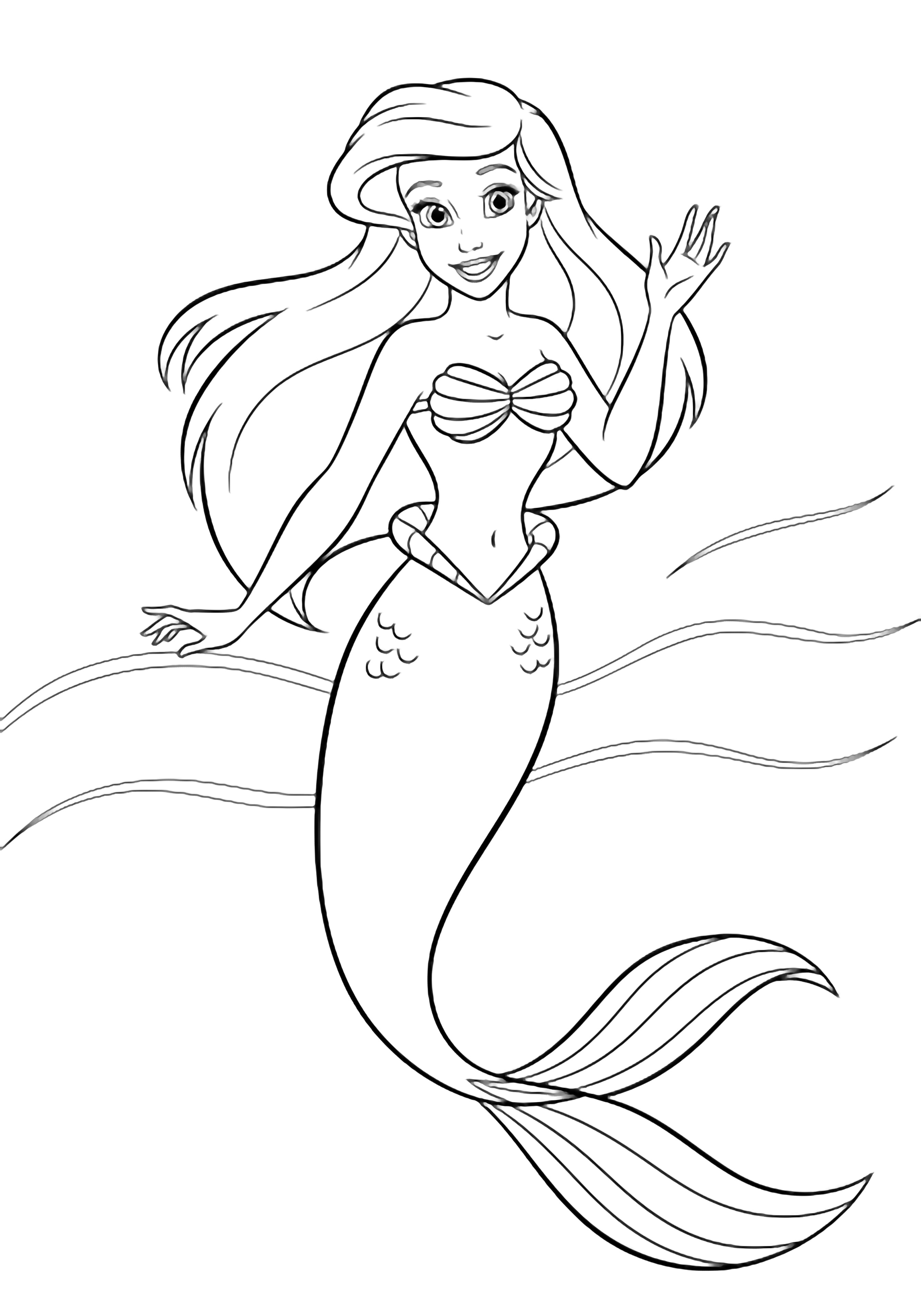 A cheerful mermaid with long flowing hair and a fishtail dress waves amid gentle ocean current lines. kleurplaat