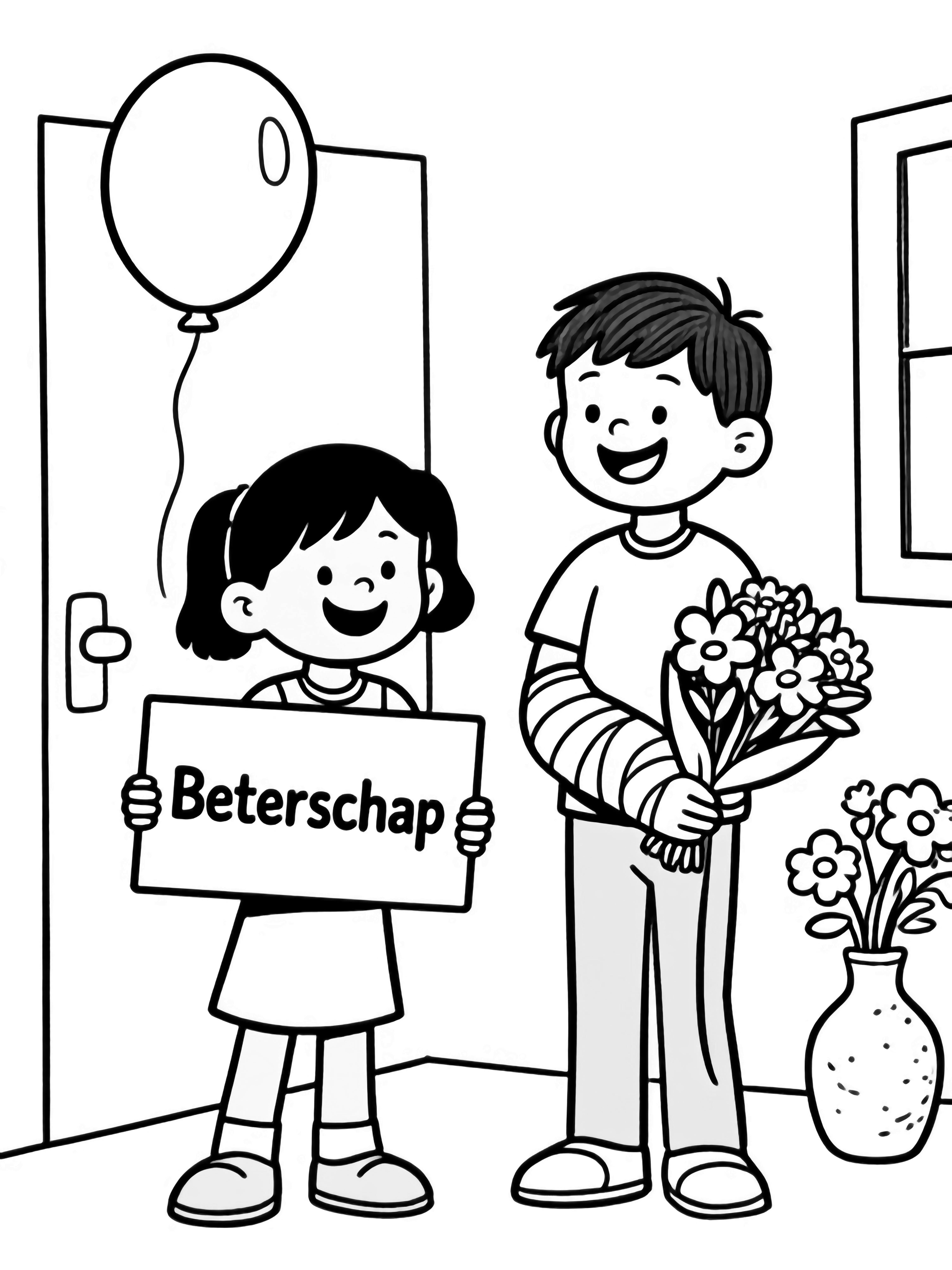 Two cheerful children visit an injured friend; one carries an oversized "Beterschap" card, the other a bouquet, beside a bed in a simple room with an open door, balloon, and empty vase. kleurplaat