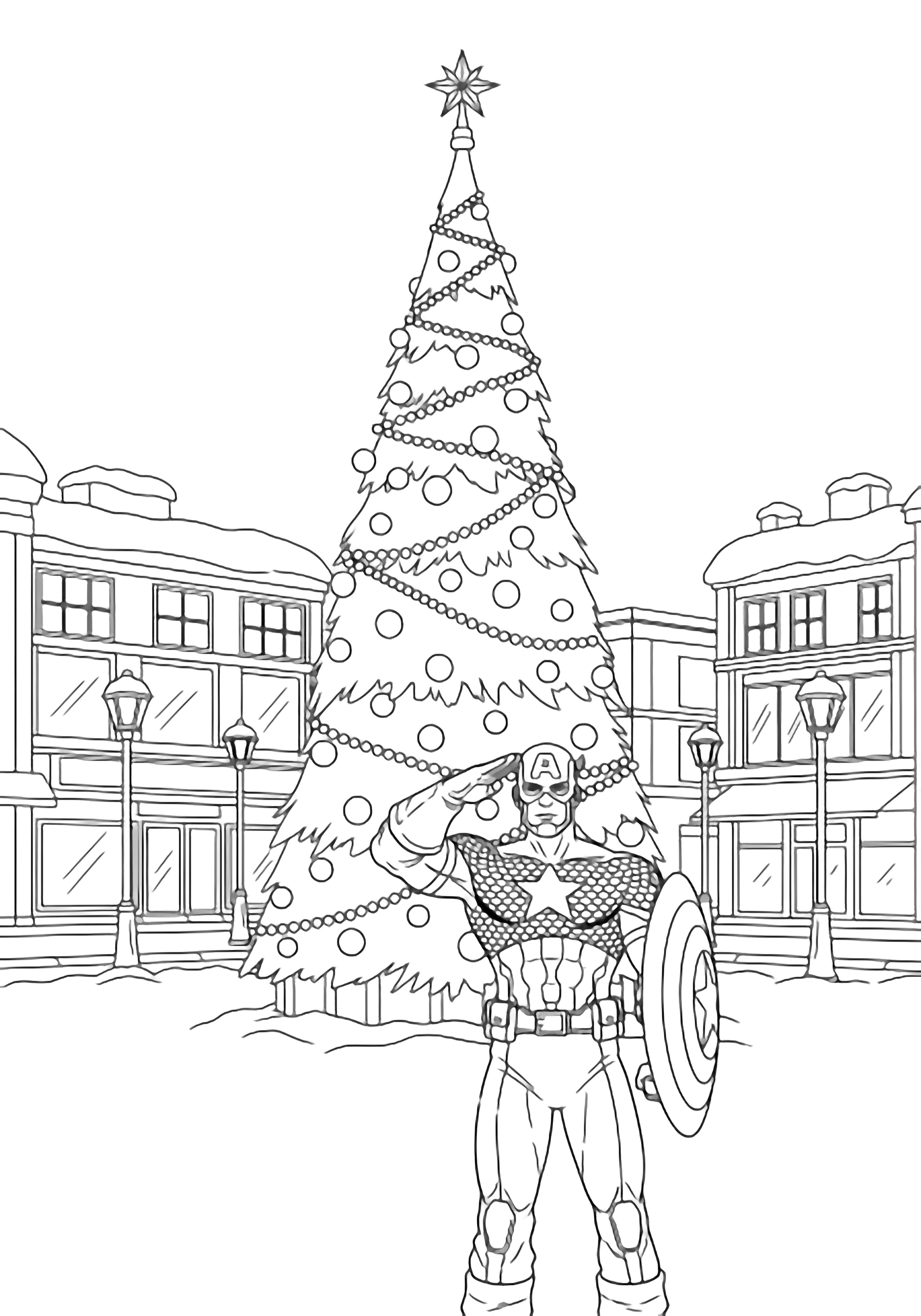Captain America salutes in a snowy city square; behind him rise a Christmas tree, lampposts, and toy-like storefronts. kleurplaat
