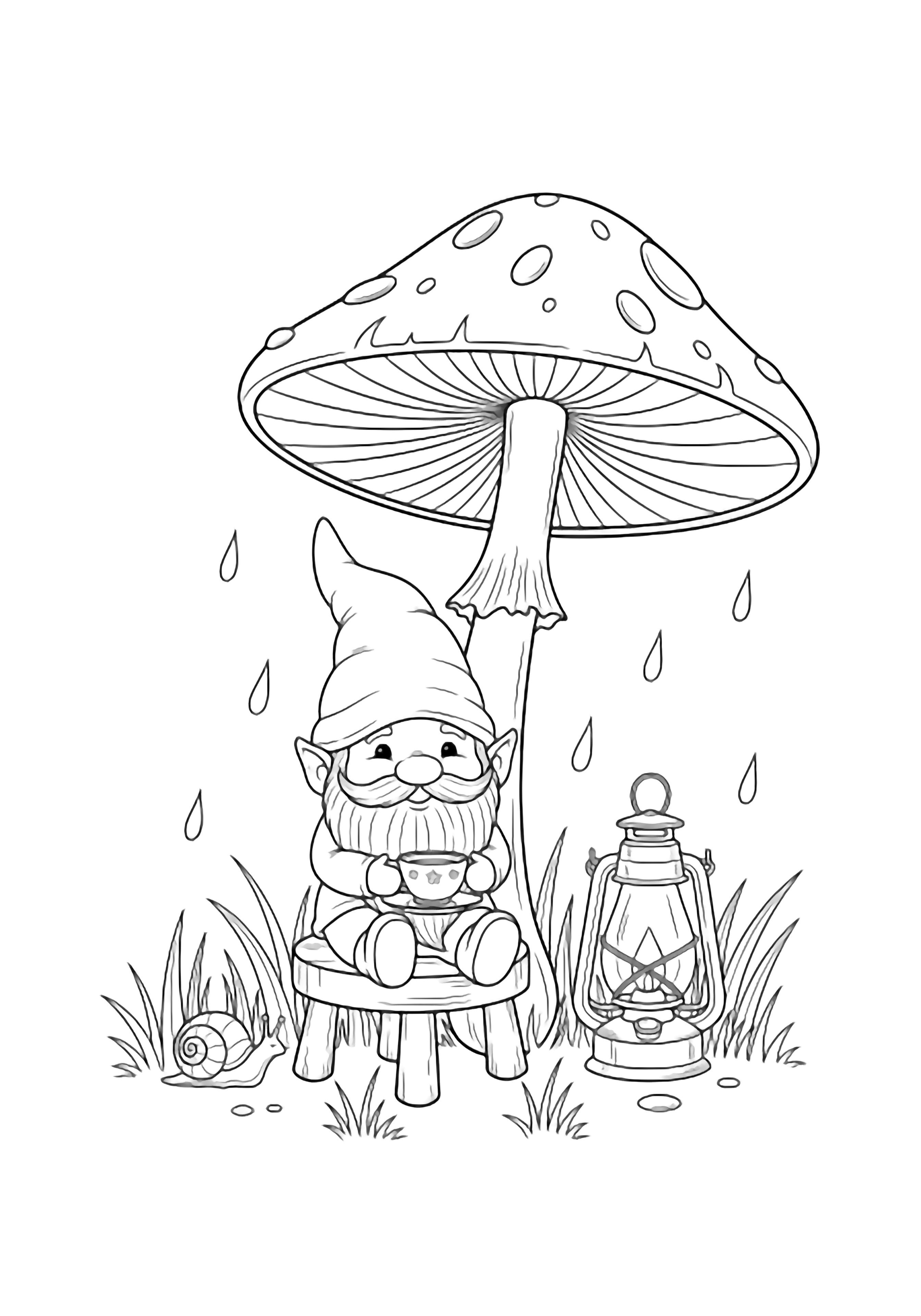 Tiny gnome on stool sips tea beneath umbrella mushroom; lantern beside, raindrops, grass, snail kleurplaat