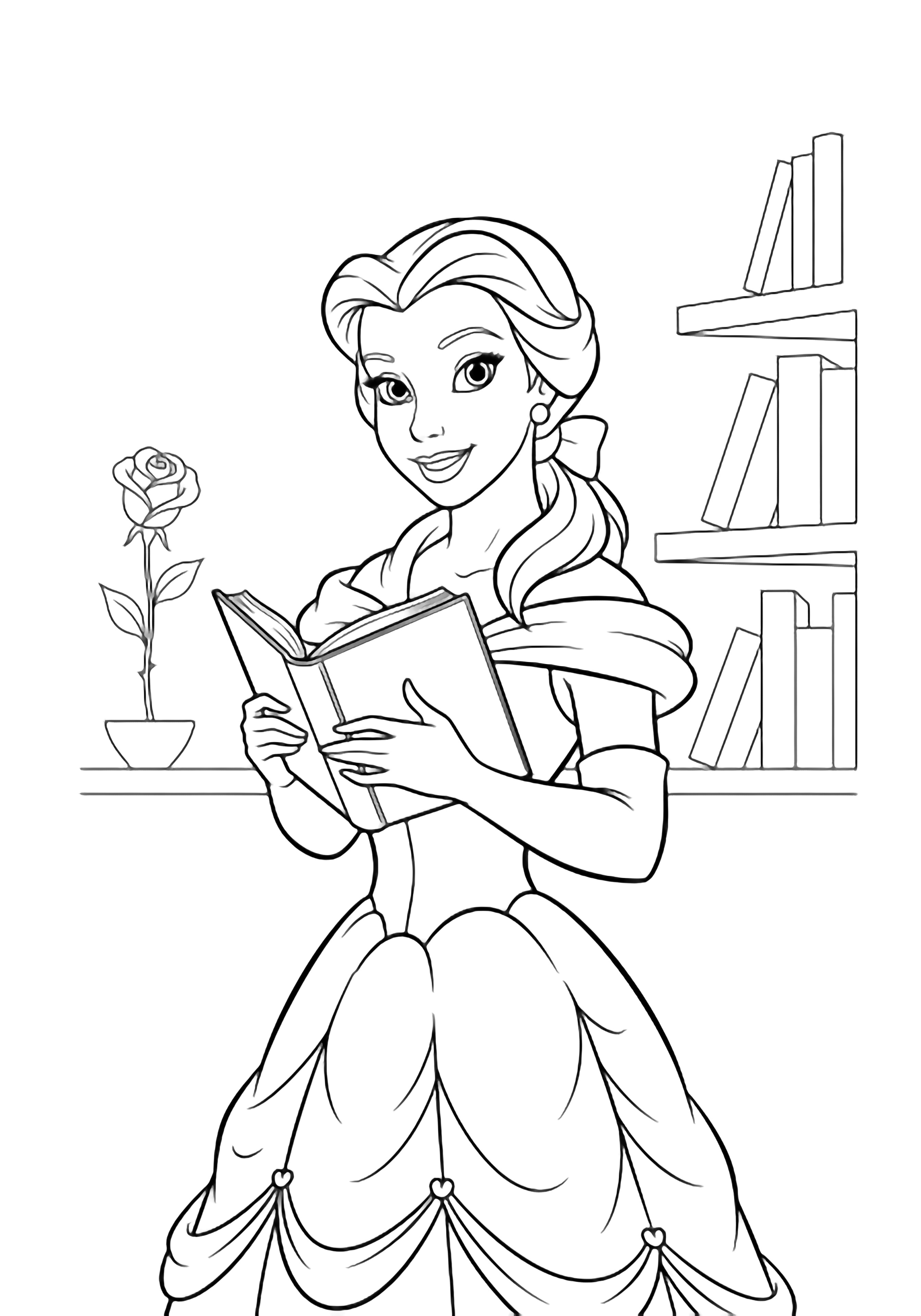 Belle smiles, hugging an open book to her chest; gentle gown folds, loose hair, a single rose and shelf behind her. kleurplaat