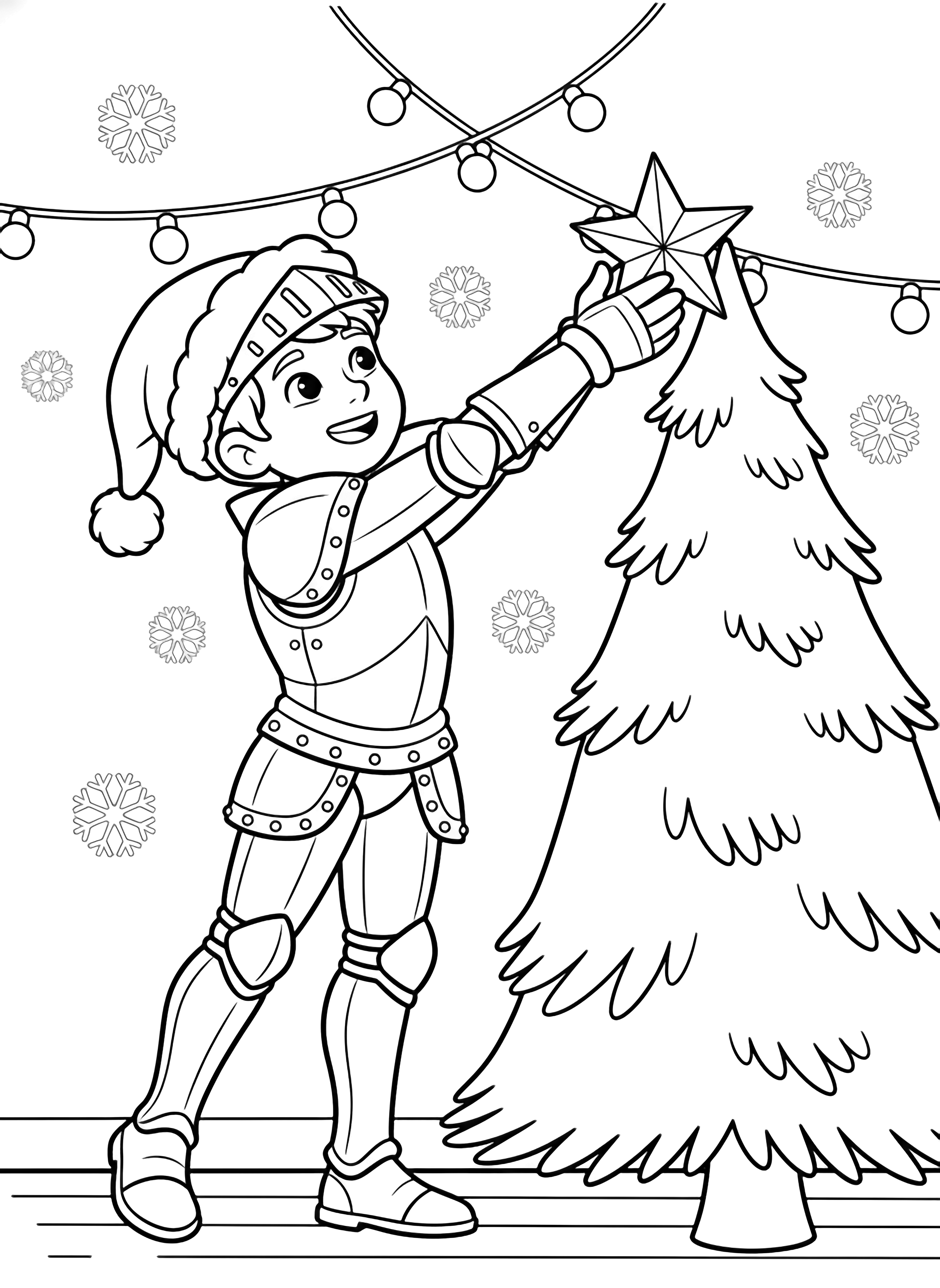 A smiling boy in tall riveted armor and a Santa hat on his helmet stands on tiptoe to place a star atop a towering evergreen, with light garland and gentle snowflakes around. kleurplaat