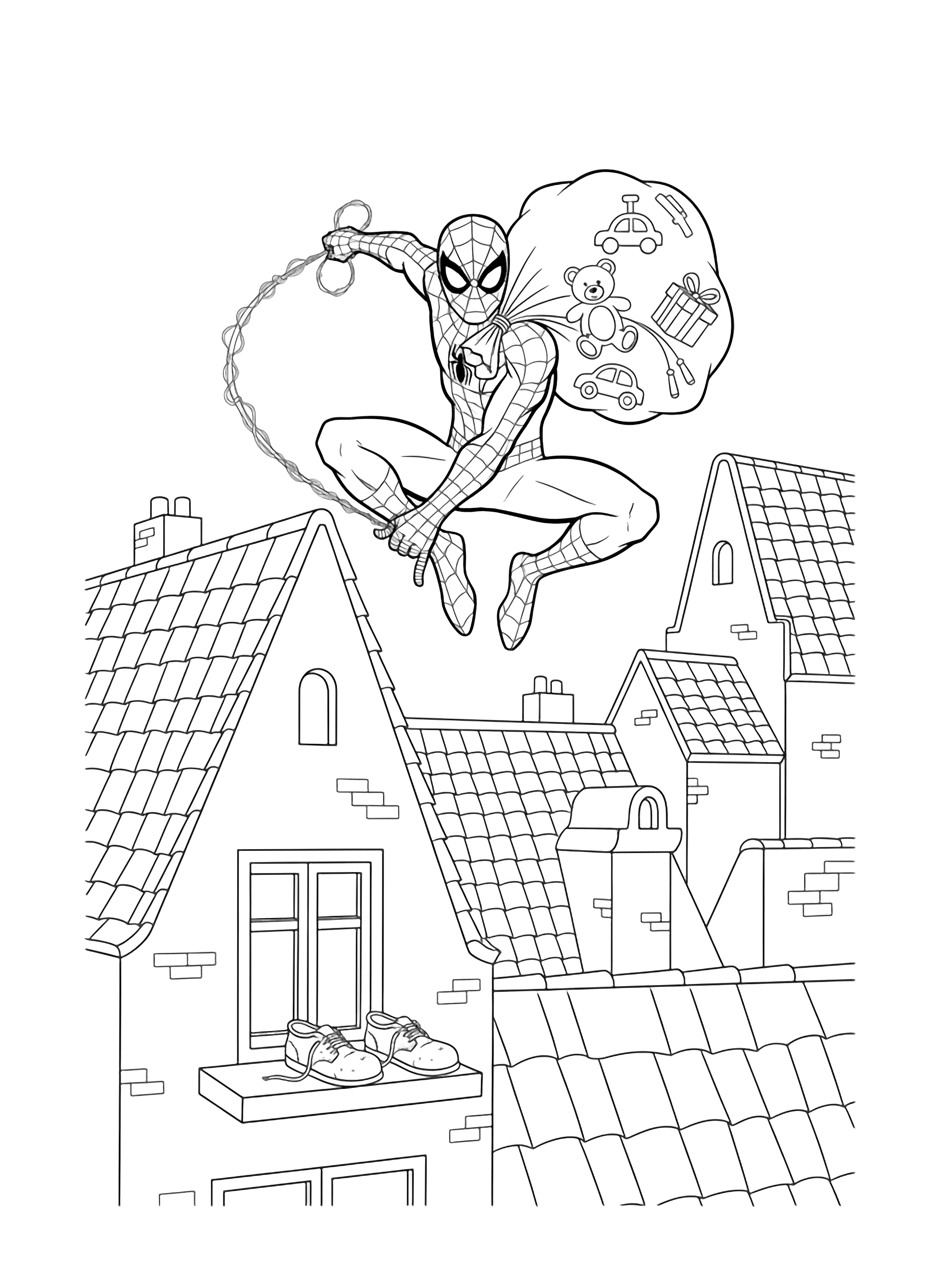 Spider-Man zwaait boven trapgevels, met een zak cadeaus terwijl lege schoenen op een vensterbank rusten. kleurplaat