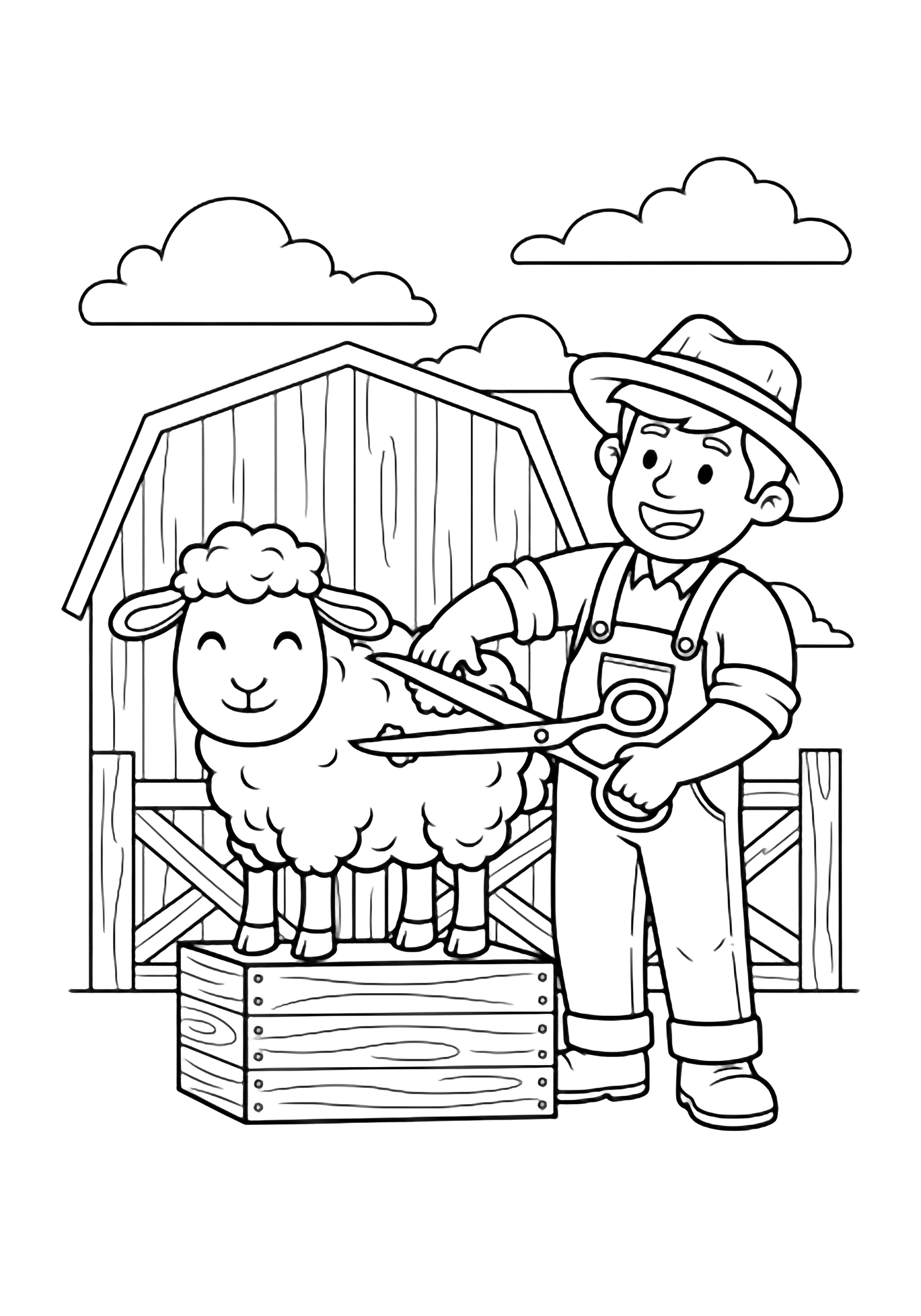 Cheerful sheep on a wooden crate while a grinning farmer in overalls trims its wool with large open scissors; simple barn boards and fluffy clouds frame the scene. kleurplaat