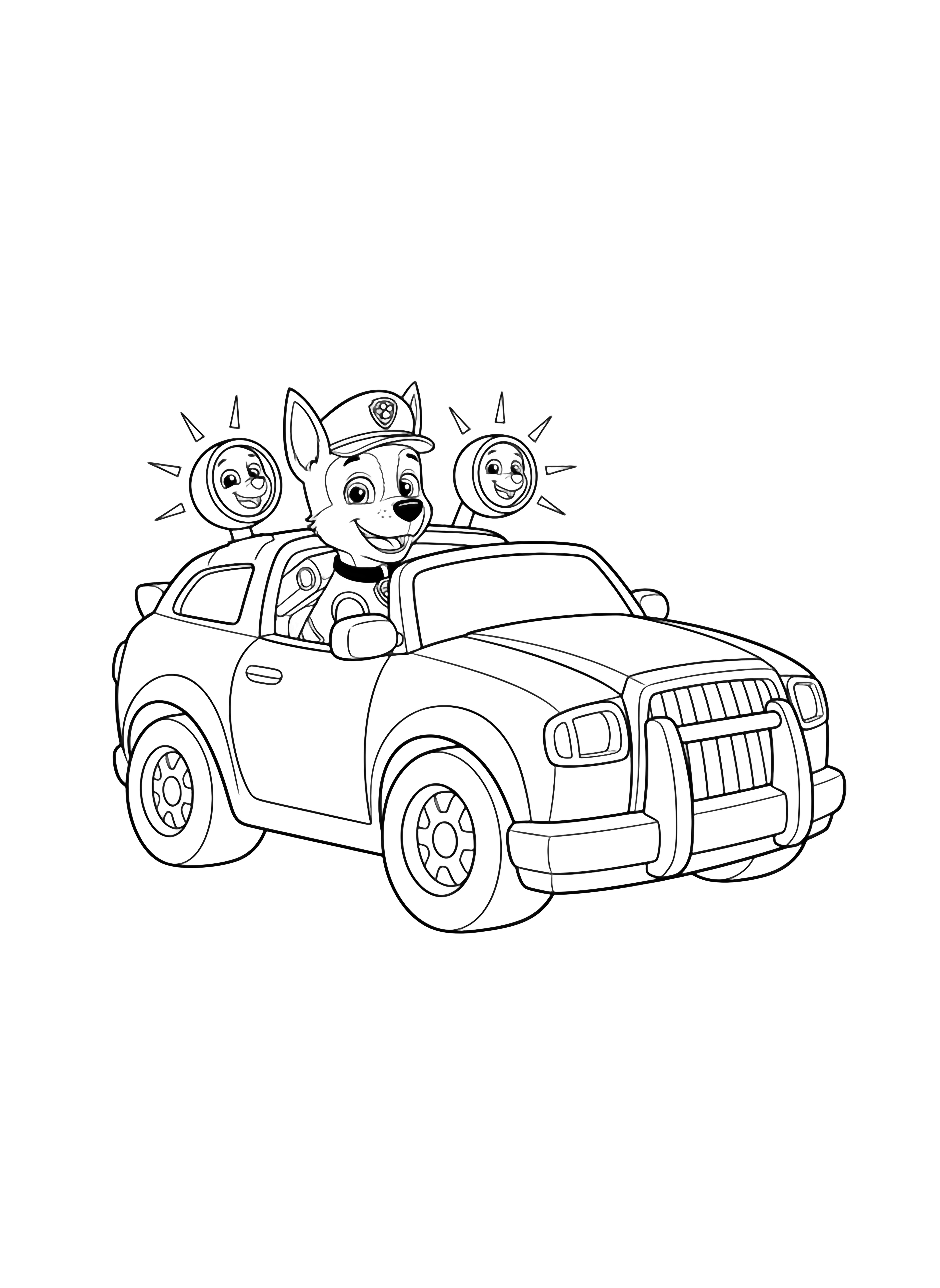A black and white page showing Chase smiling confidently behind the wheel of his sturdy police cruiser The car is drawn in a cheerful three quarter view its front and side clearly visible with oversized wheels and bold simple shapes Two round happy sirens sit on the roof emitting star shaped flashes Behind the clean black and white line drawing minimal shading no colour no fill kleurplaat