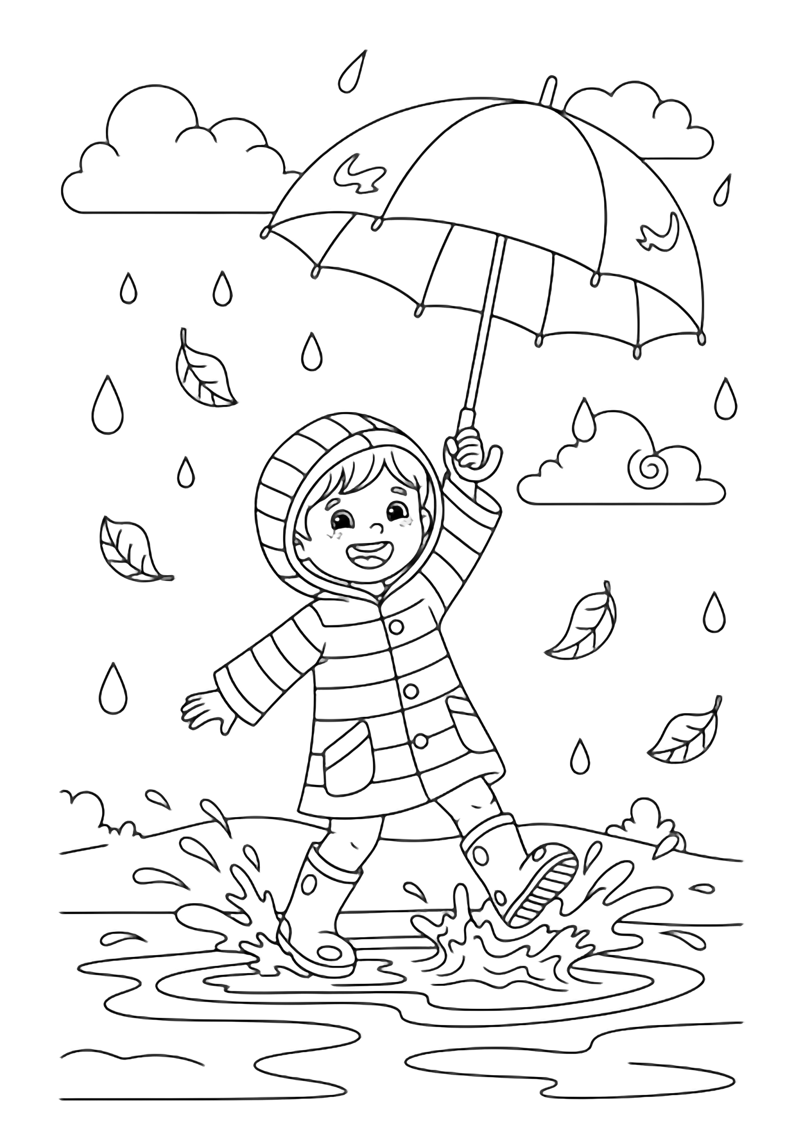 illustration on a A smiling child in a striped raincoat and boots splashes through puddles holding a big umbrella high; simple raindrops and swirling leaves drift around with a few clouds and wavy ground lines completing the open scene clean black kleurplaat