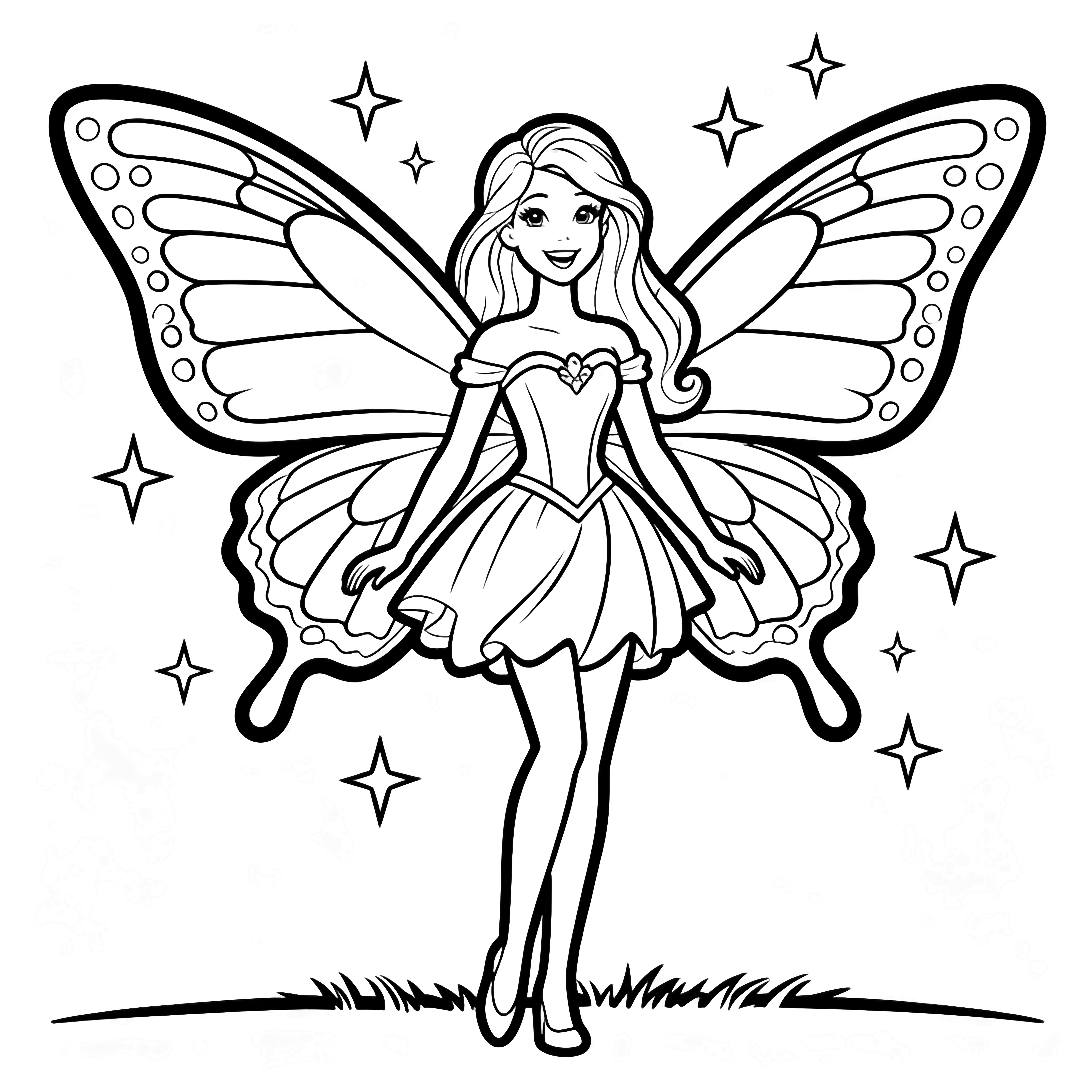 Barbie Fairy Princess with open butterfly wings, sparkles drifting above a simple grass line. kleurplaat
