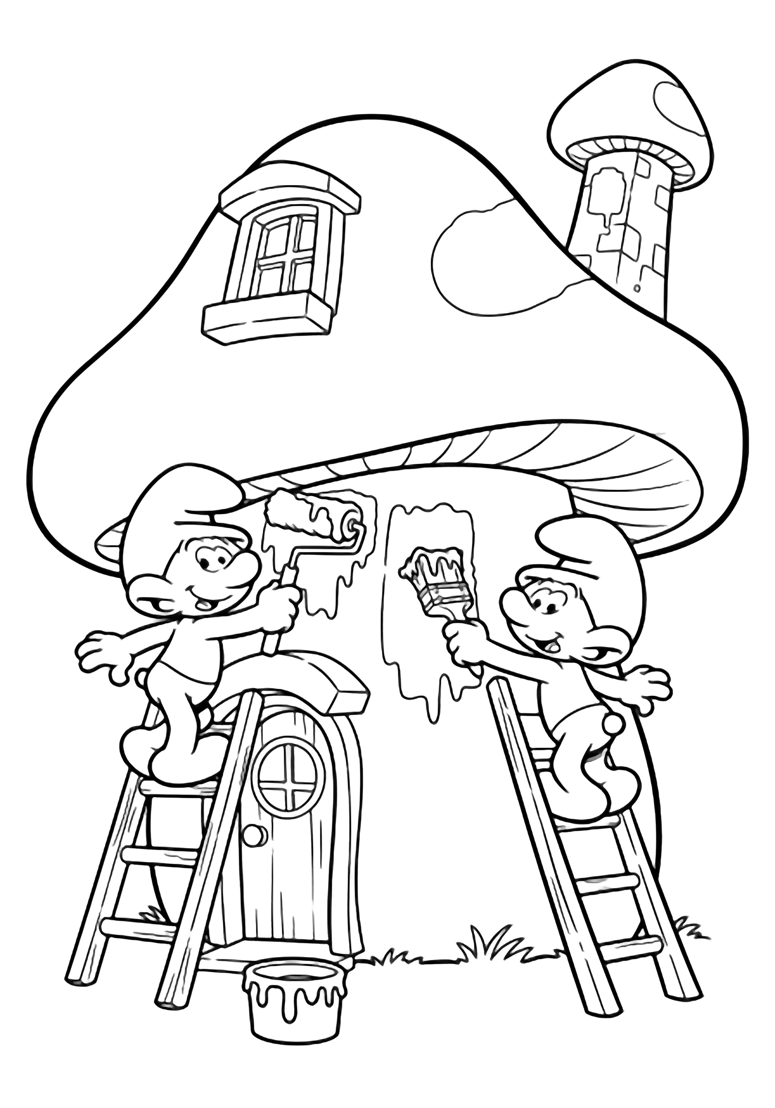 Two tiny Smurfs on ladders paint a huge mushroom house, smiling at each other while rolling and brushing its walls. kleurplaat