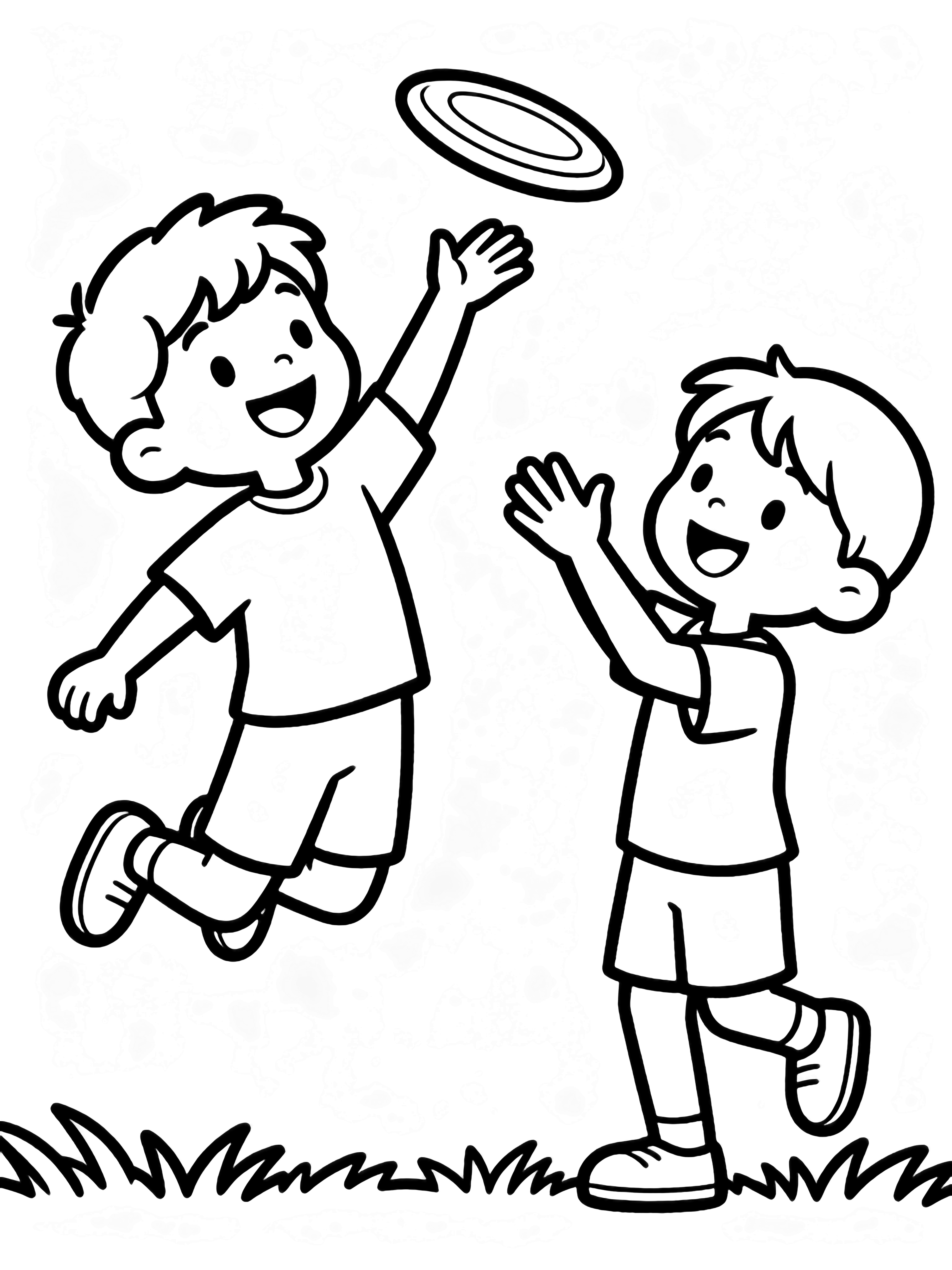 Two happy children playing frisbee in a park, one jumping to throw, the other stretching to catch, with a simple grass line. kleurplaat