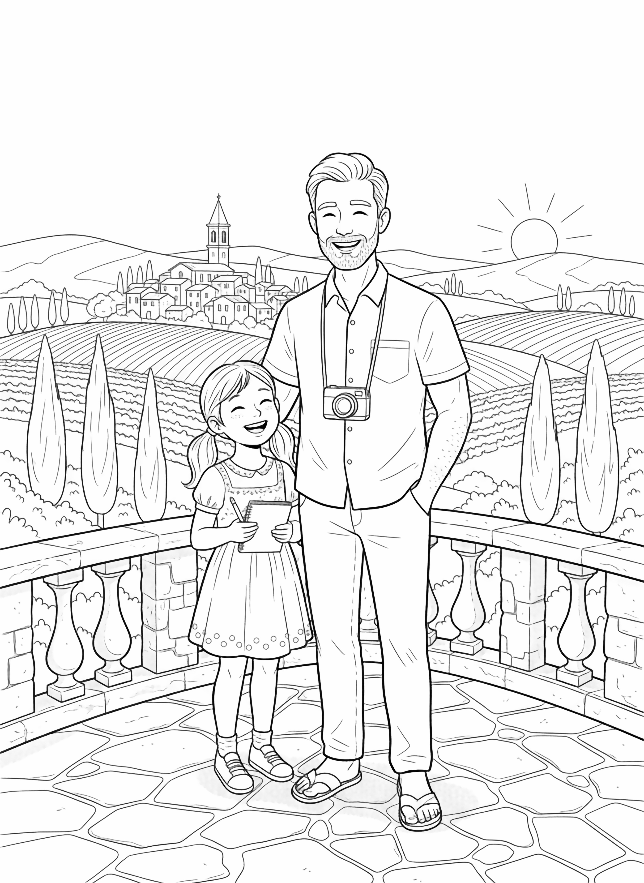 A black and white page showing a happy father and daughter on holiday in Italy They stand together on a charming stone terrace overlooking rolling hills dotted with cypress trees and a distant village with a tall church bell tower The father wears a casual shirt and pants holding a camera around his neck while his daughter wears clean black and white line drawing minimal shading no colour no fill kleurplaat
