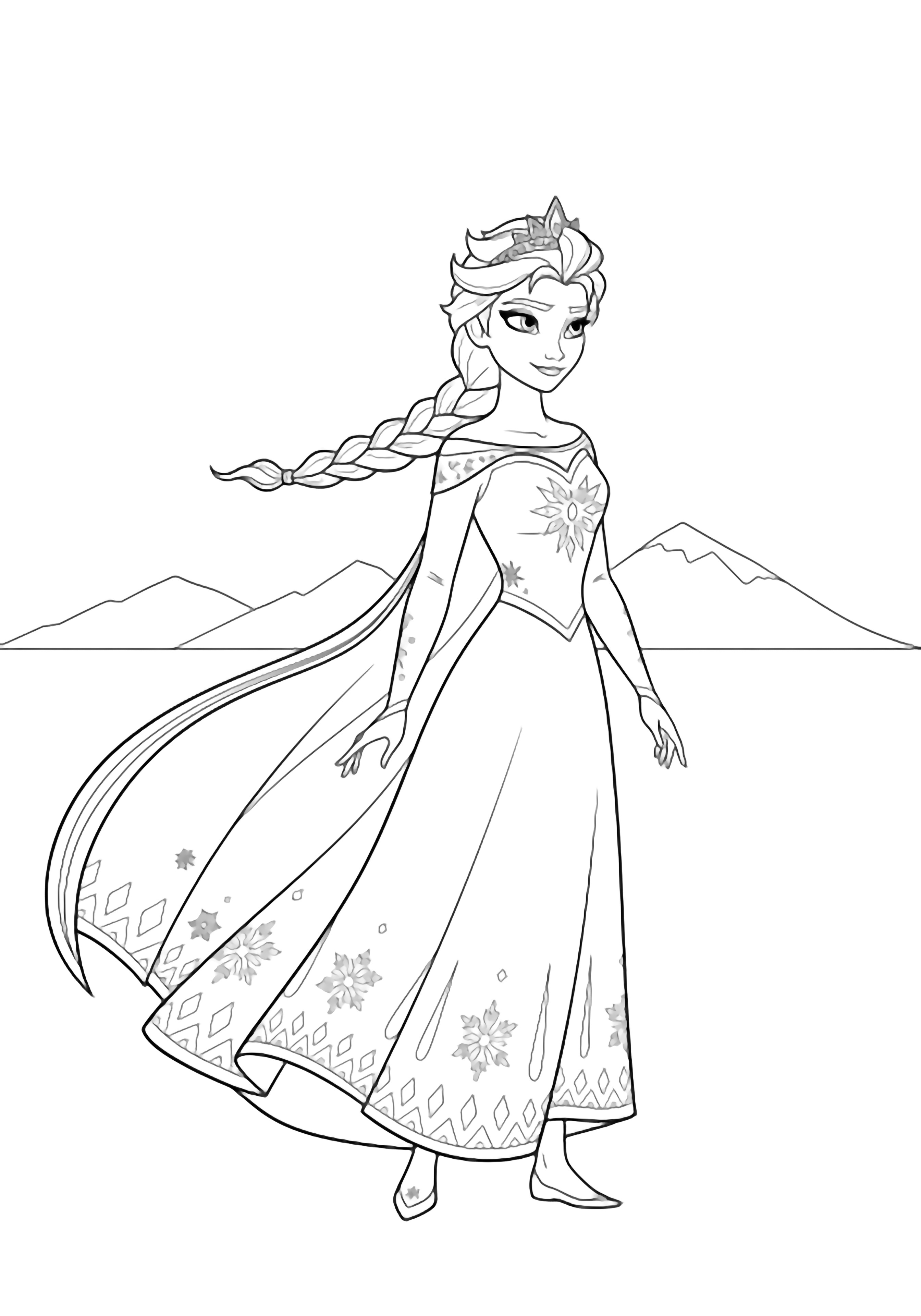 Elsa stands tall, braid over shoulder, long cape flowing, snowflake tiara, distant mountain outline. kleurplaat
