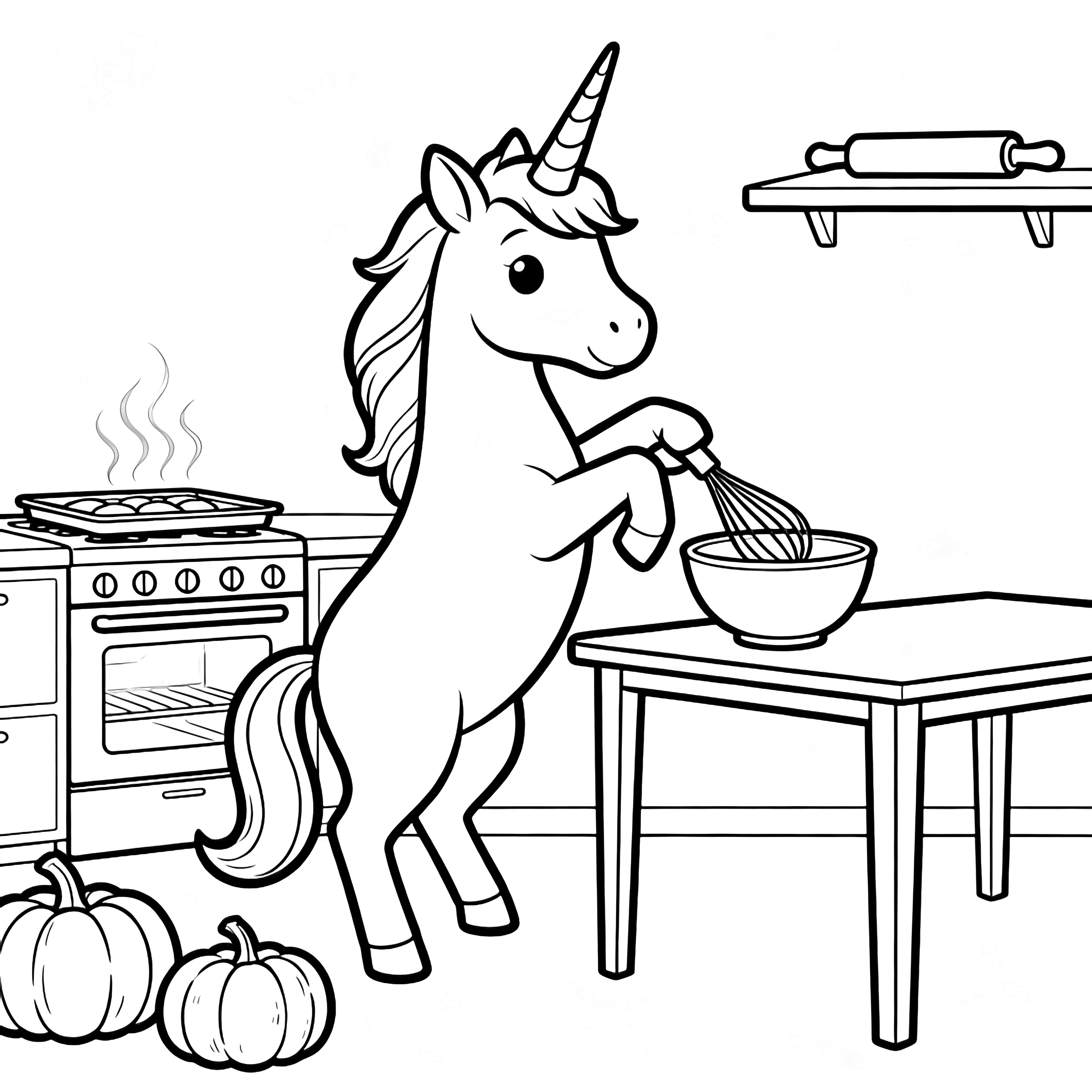 Eenhinnig paard steigert aan een keukentafel, klopt een kom; achter hem stoomt een oven, twee pompoenen op de vloer, een deegroller op een plank. kleurplaat