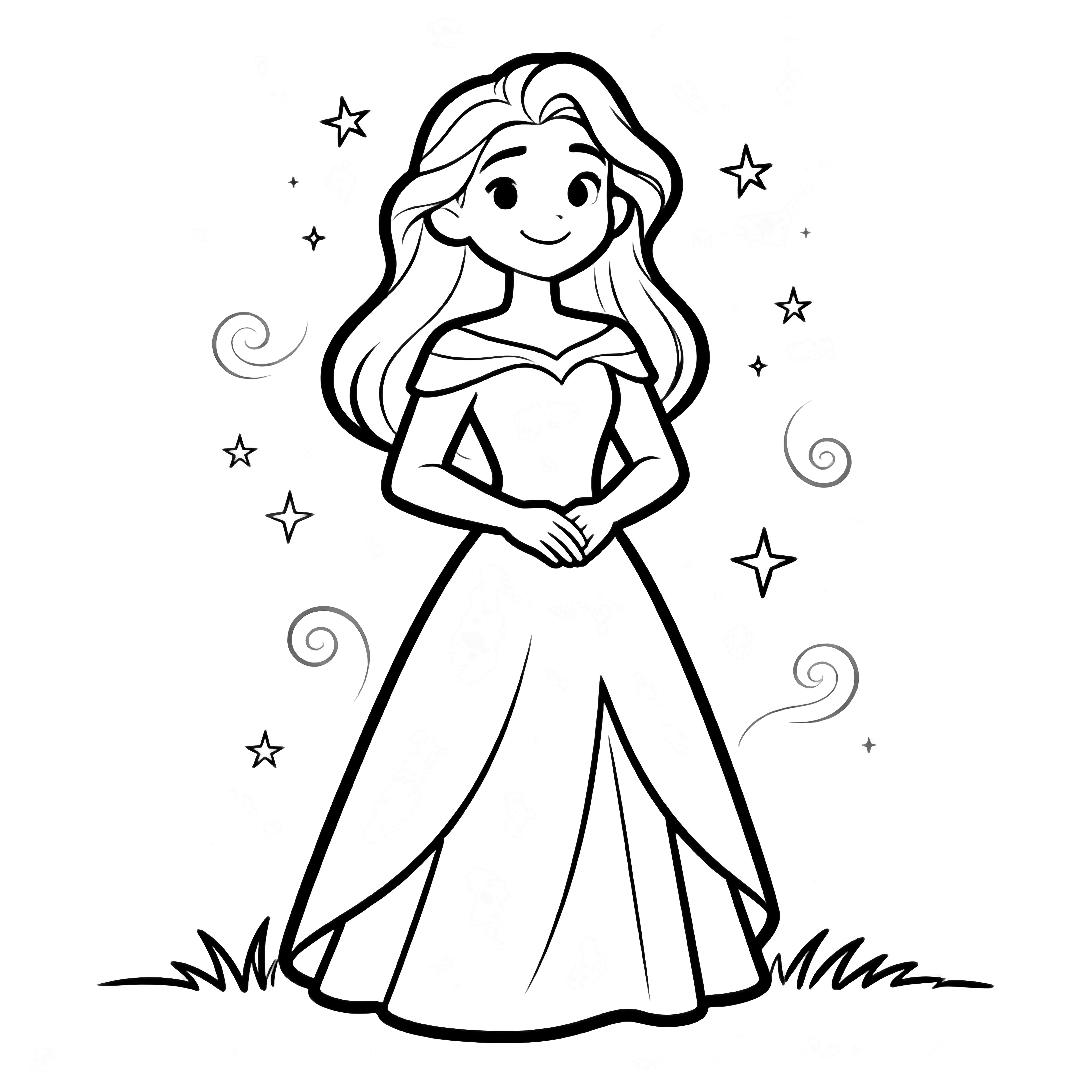 Aurora stands smiling, hands clasped, hair flowing; simple gown with open folds, tiny stars and swirls around, minimal grass beneath. kleurplaat