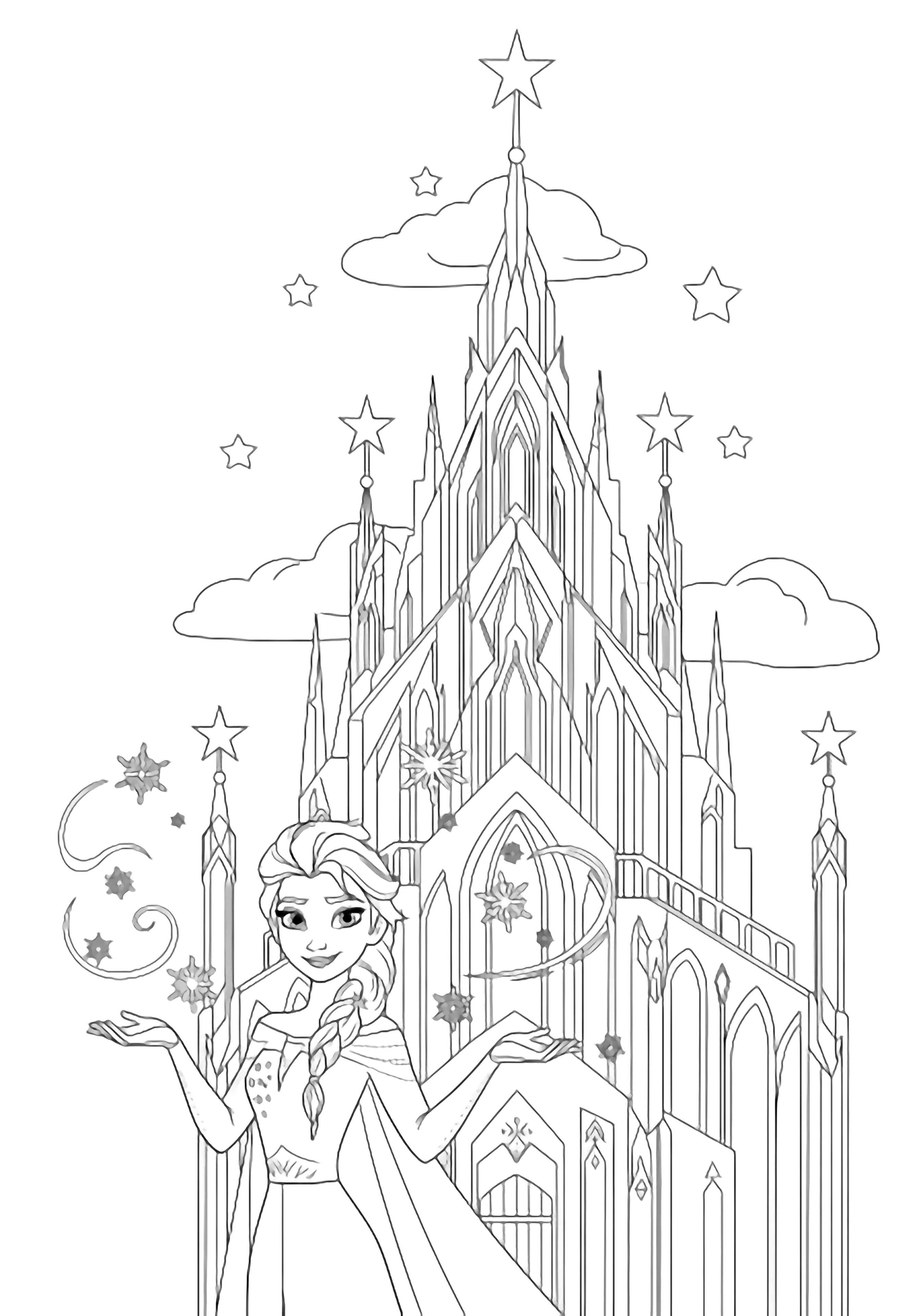 Elsa smiles with outstretched hands, snowflakes swirling around her as she raises a towering ice castle with star-tipped spires; simple stars dot the sky. kleurplaat