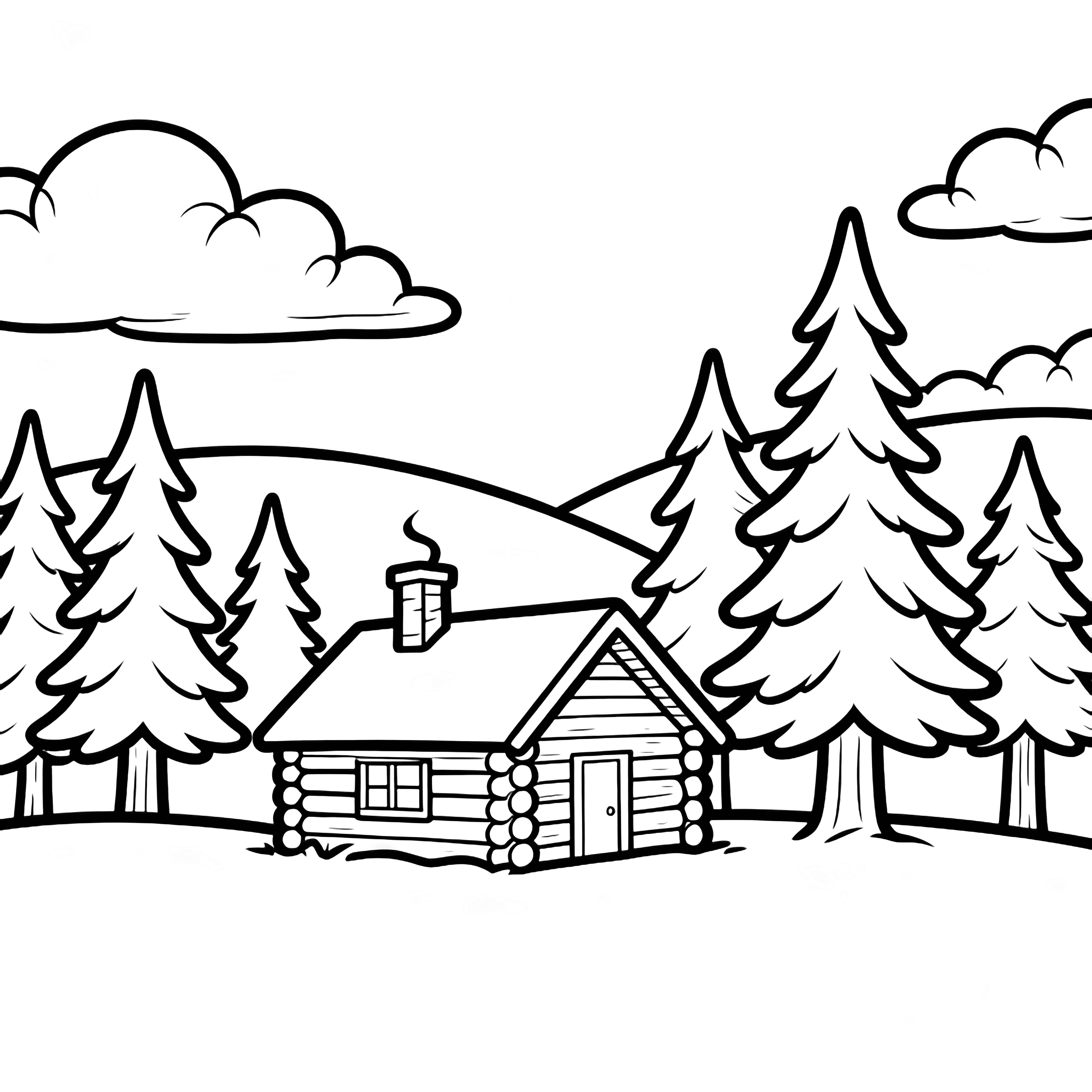 A tiny log cabin with a tilted chimney sits among tall pines, rounded hills and drifting clouds surrounding it. kleurplaat