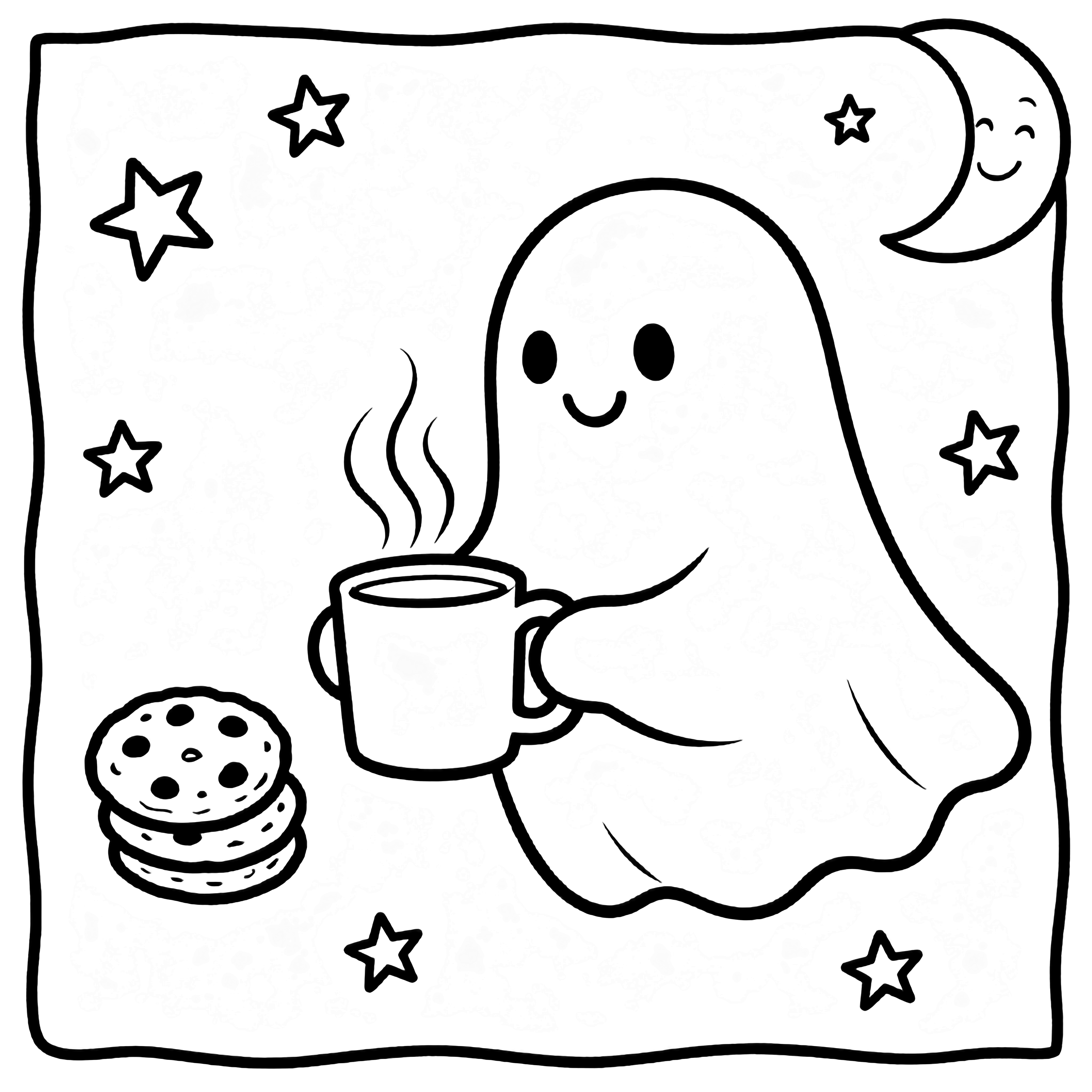 A smiling ghost hovers, cradling a steaming mug; two stacked cookies drift nearby, while stars and a smiling moon frame the cozy scene. kleurplaat