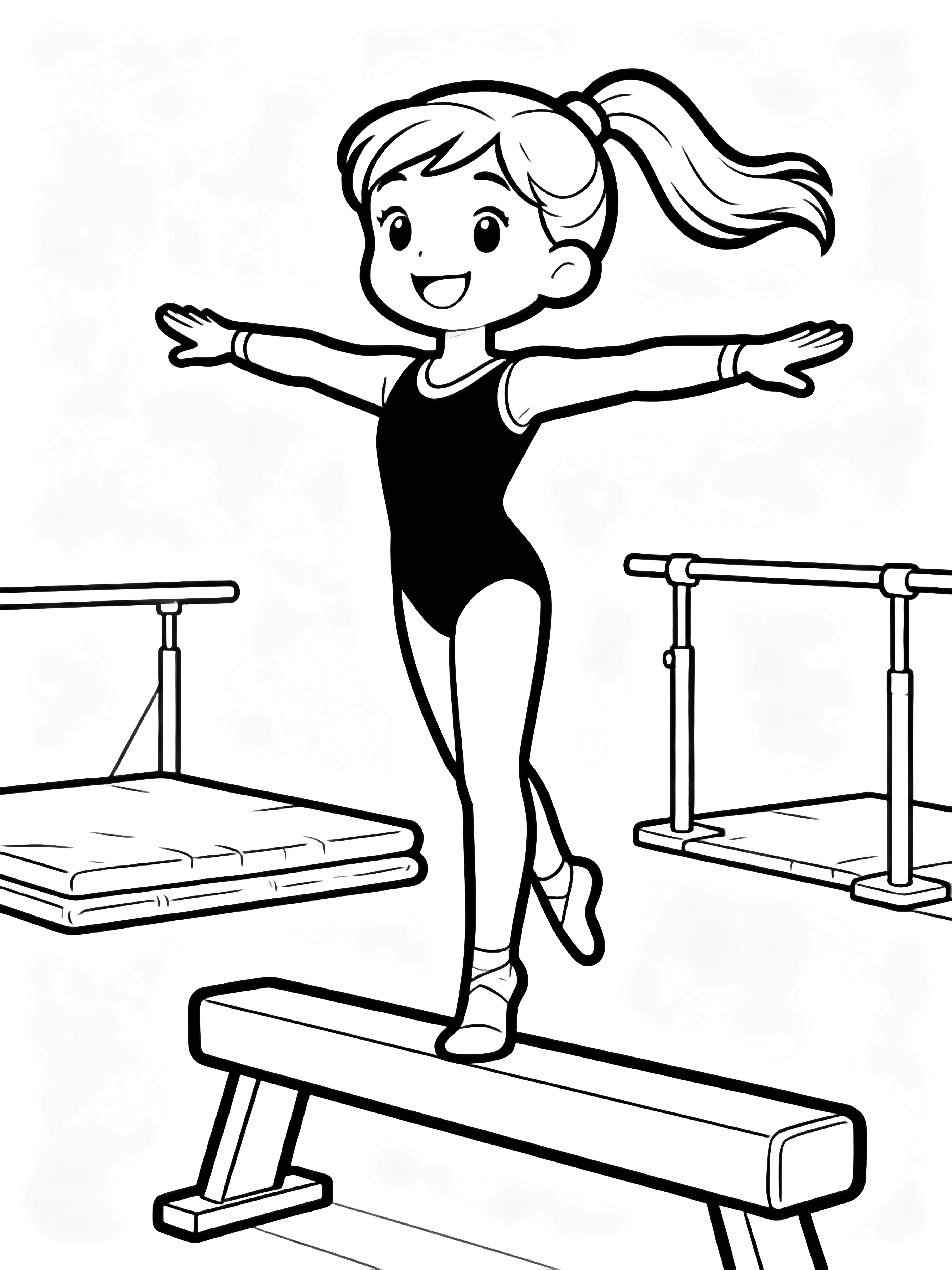 Smiling gymnast balances on one foot on a beam, arms out, ponytail flowing; simple gym shapes behind. kleurplaat