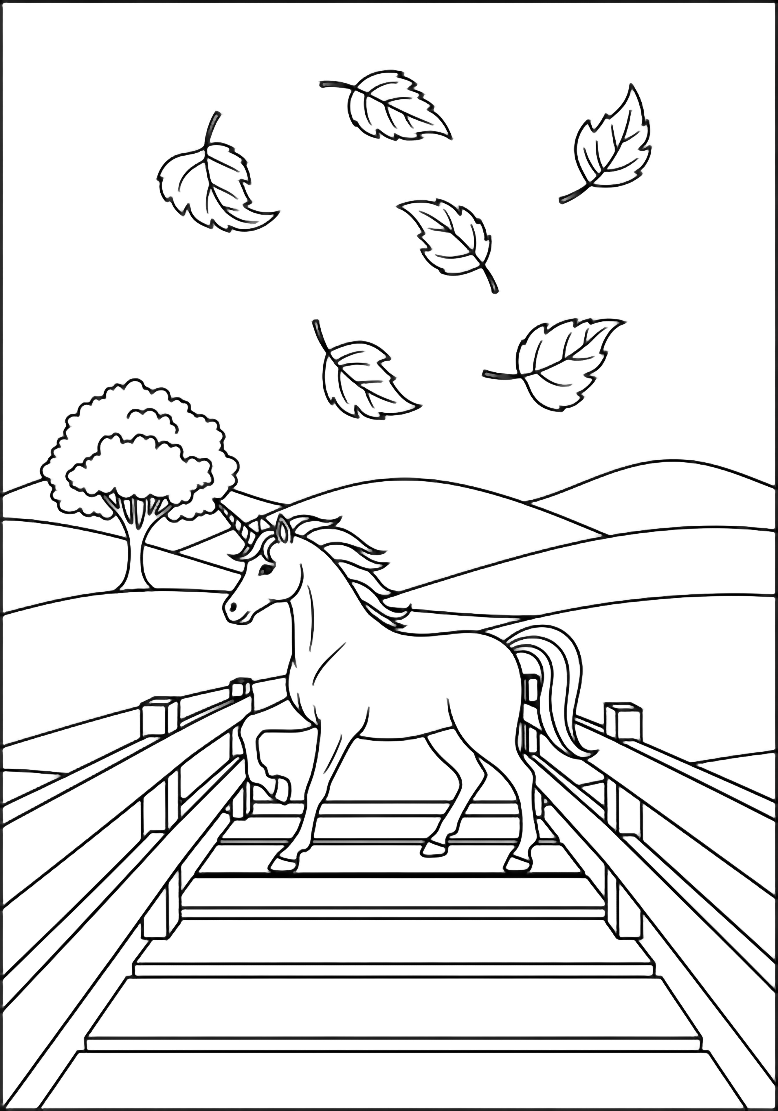 Unicorn stepping onto a simple plank bridge, three wide rail boards, five large leaves drifting overhead, distant tree and rolling hills. kleurplaat