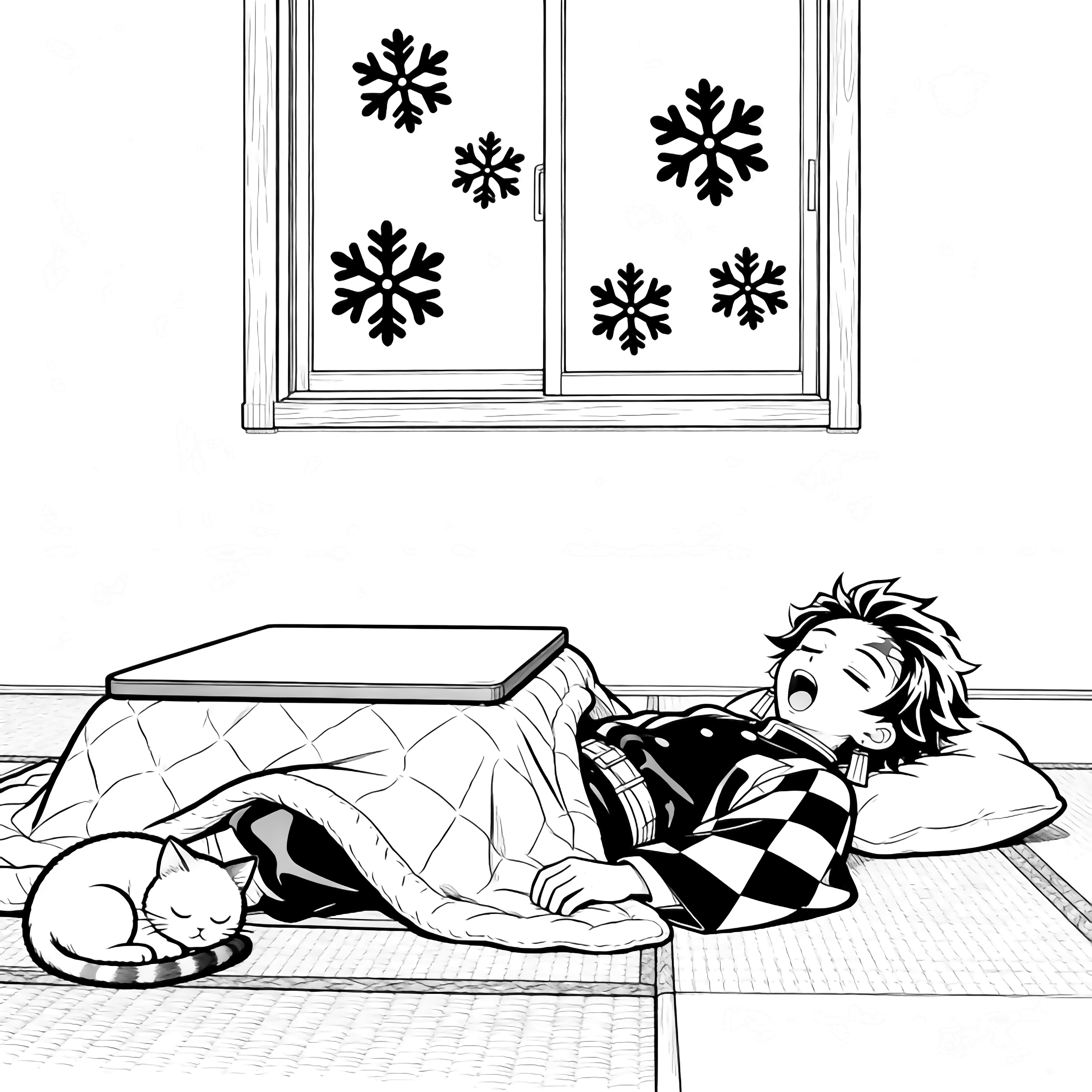 Zenitsu asleep beside a kotatsu, blanket slipping off, snowflakes outside, tatami floor, one drowsy cat curled at his feet. kleurplaat