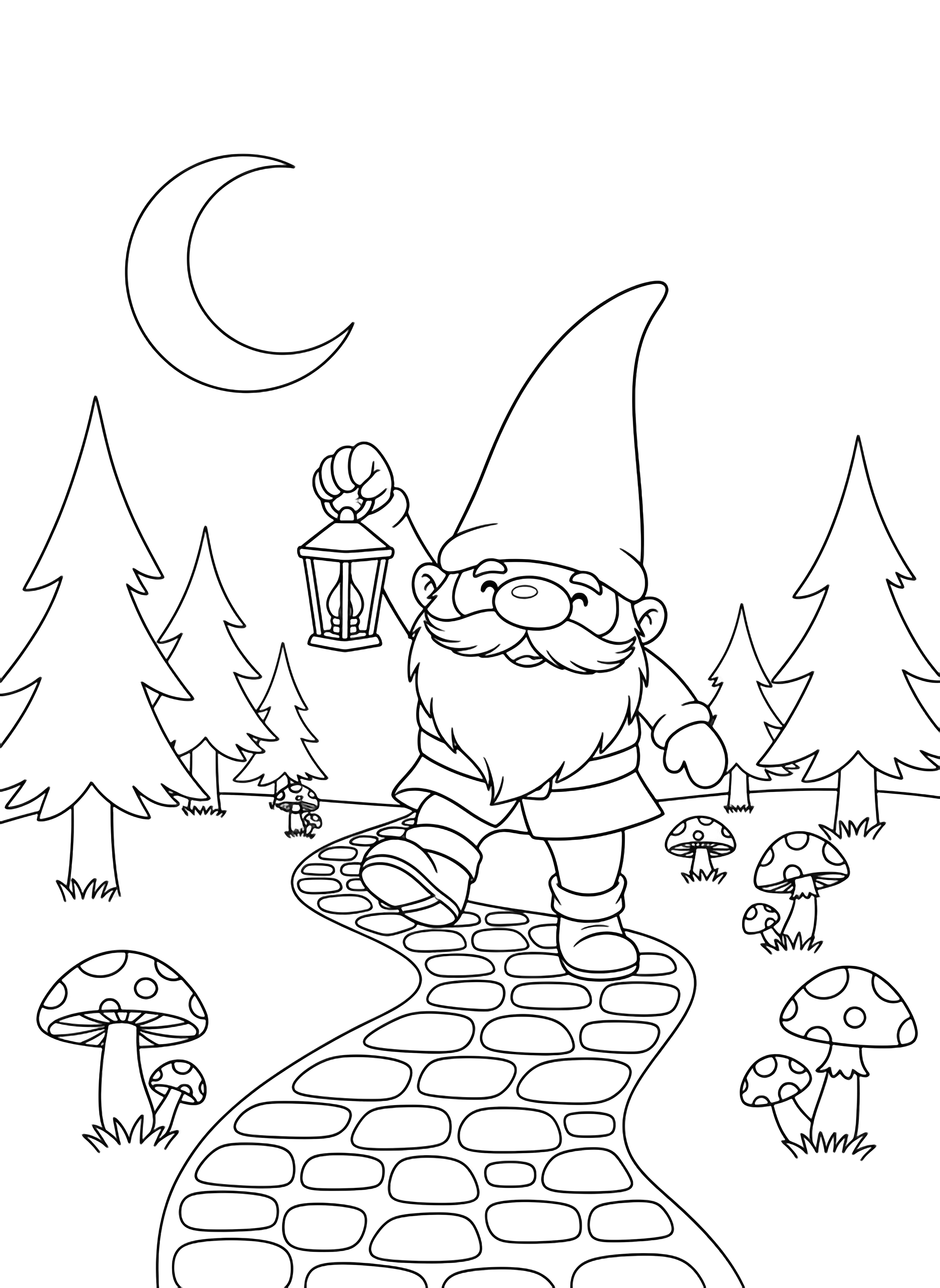 A cheerful gnome with a tall hat strides along a winding path, holding a lantern high, framed by simple pines, toadstools, and a crescent moon. kleurplaat
