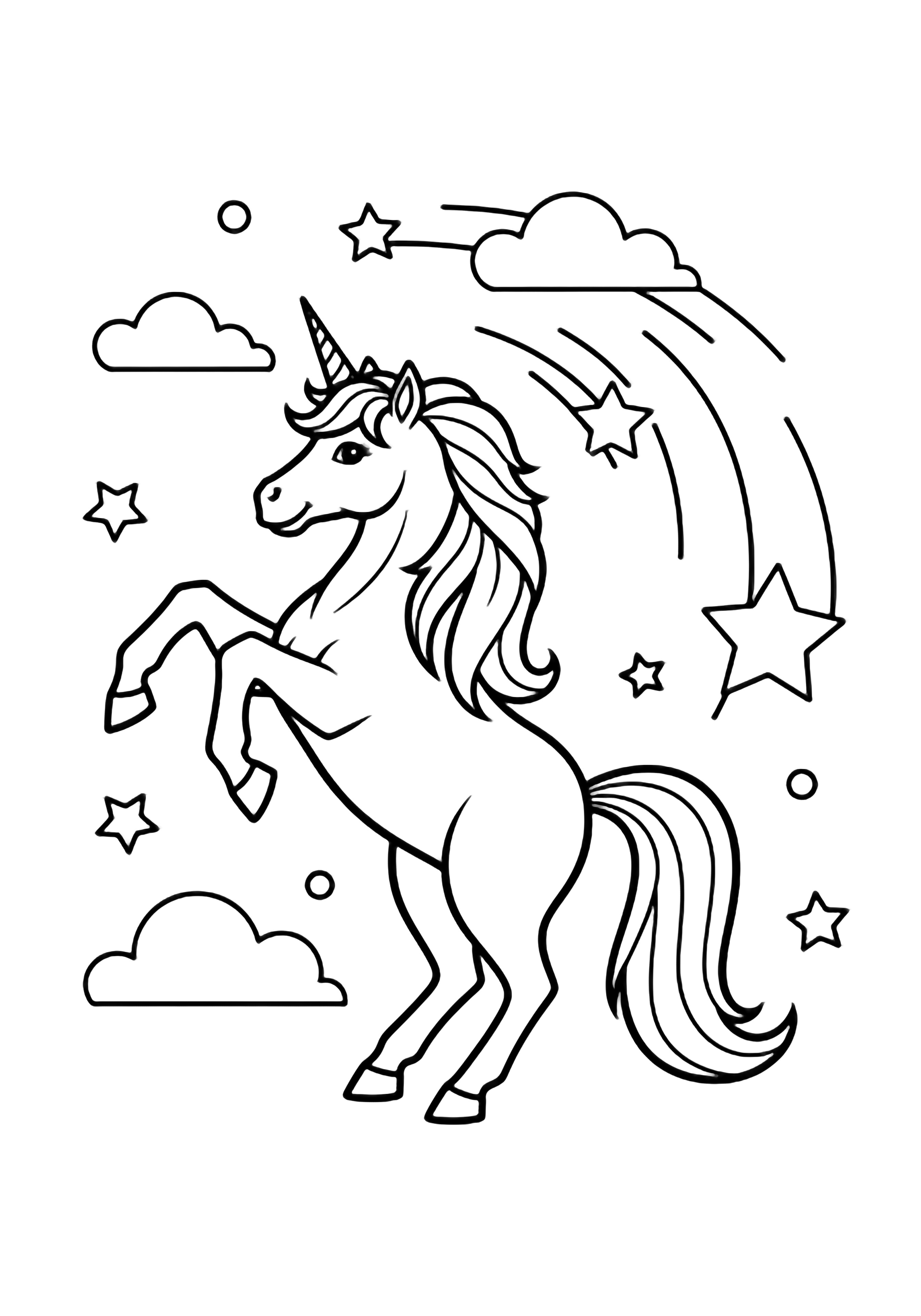 A joyful unicorn rears up, mane and tail flowing, surrounded by simple stars and fluffy clouds. kleurplaat