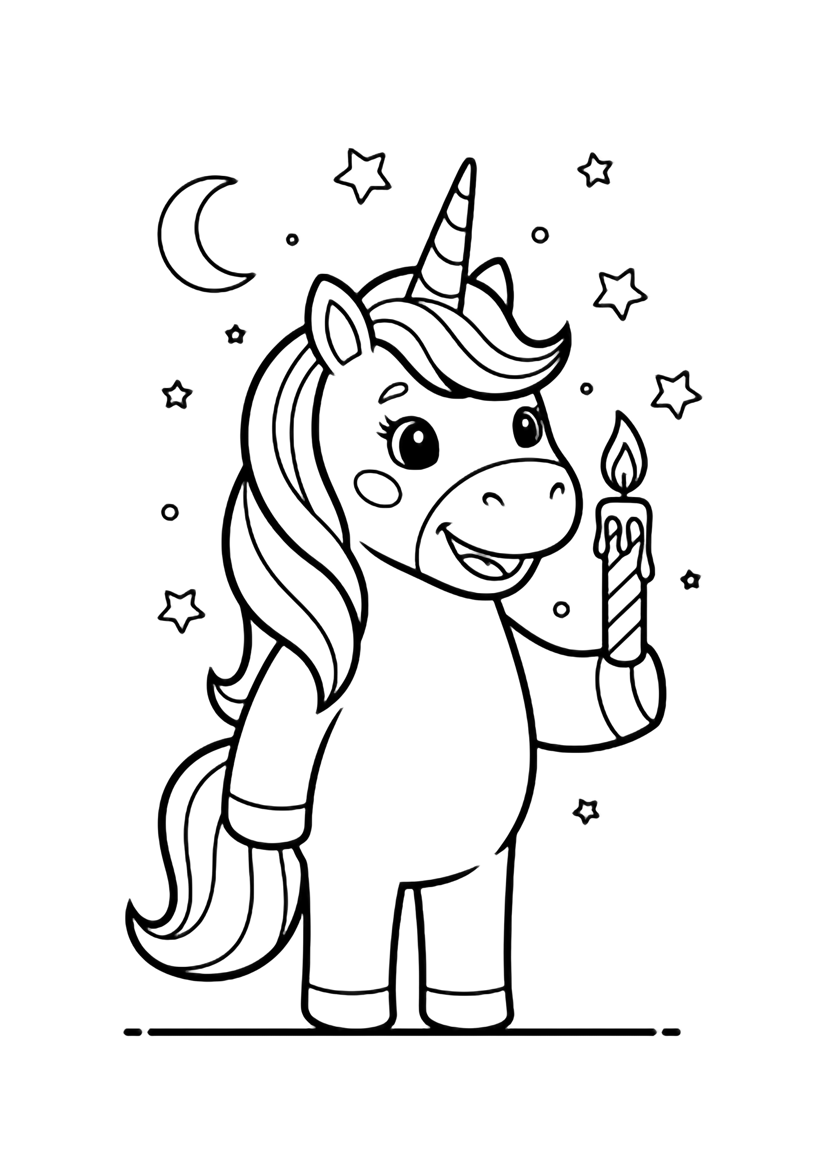 A smiling unicorn with flowing mane holds a tall birthday candle, surrounded by tiny stars and a crescent moon above a simple ground line. kleurplaat