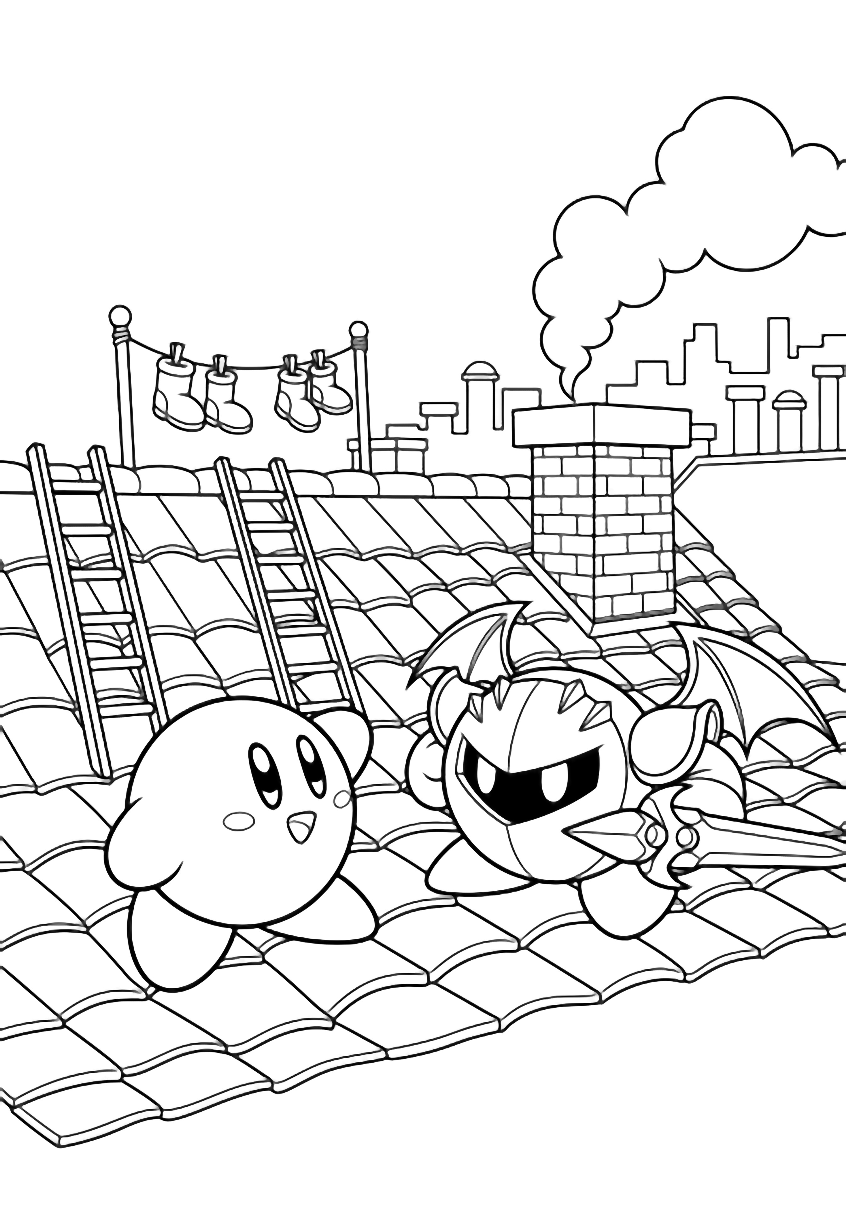 Kirby en Meta Knight op een dak; ladders, lege laarzen aan een lijn, rook uit een schoorsteen, verre schoorstenen. kleurplaat