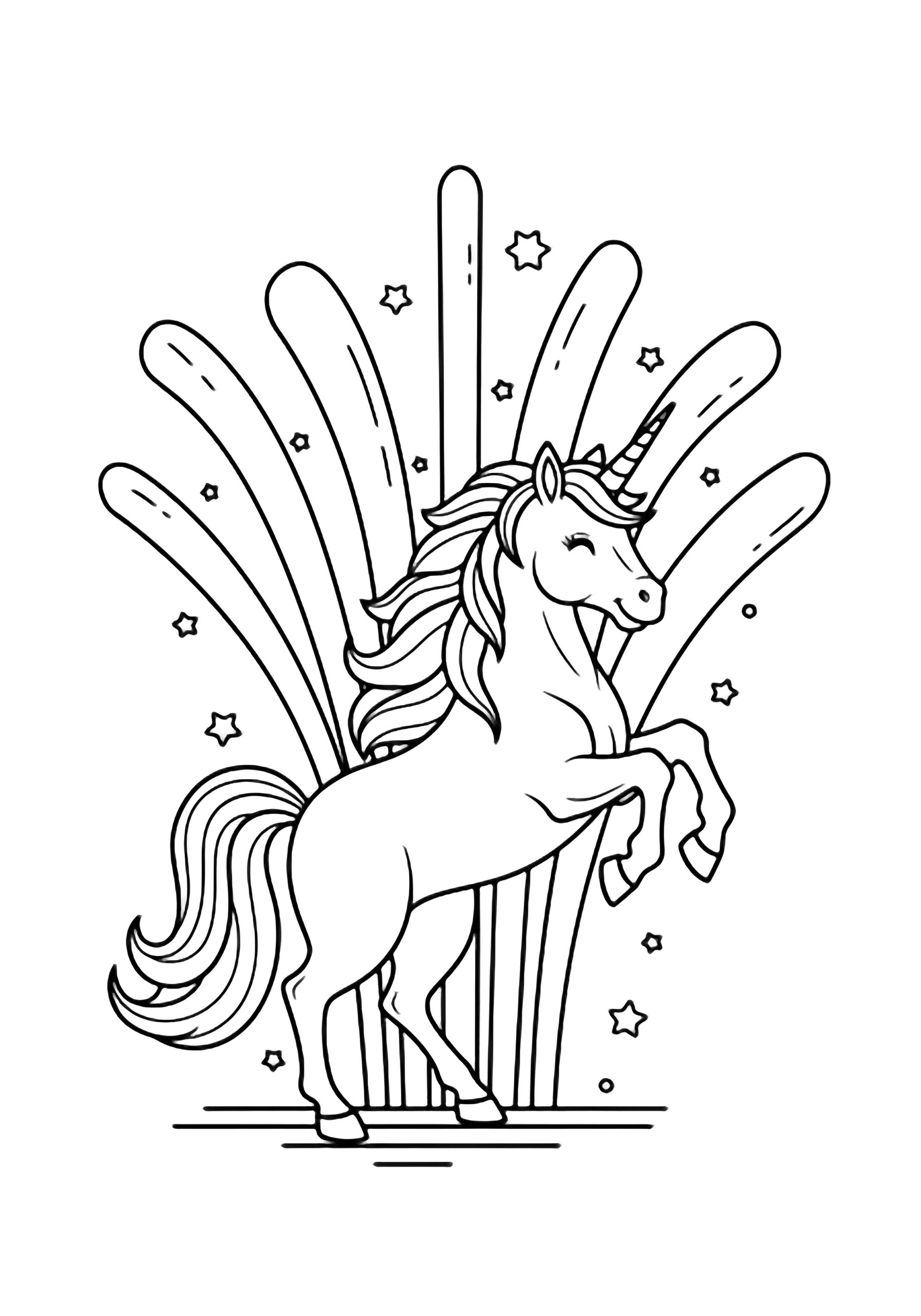 A rearing unicorn with flowing mane and tail, five arcing lines behind it, tiny stars scattered around, standing on a simple ground line. kleurplaat