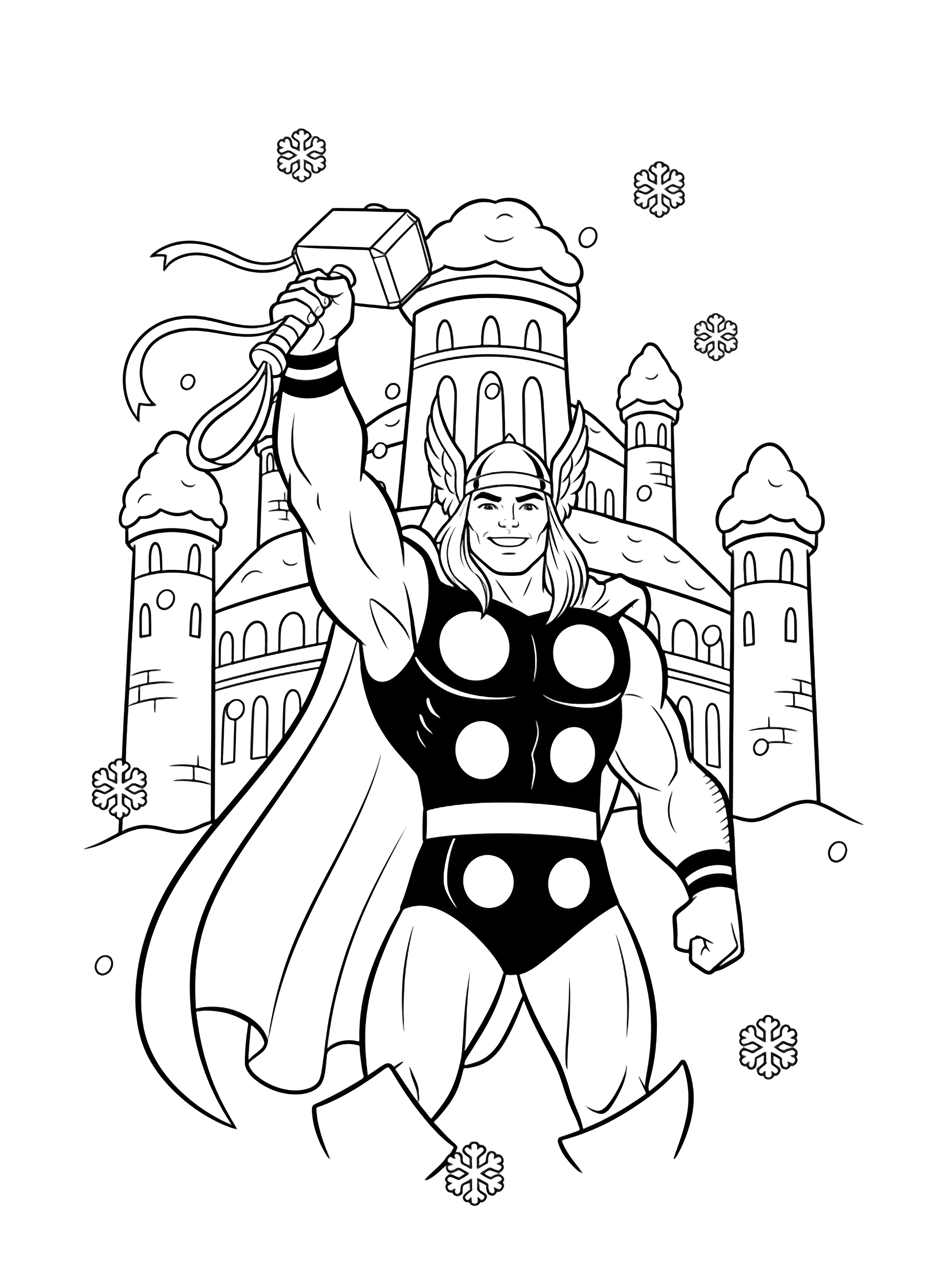 Thor, smiling, raises his ribbon-tied hammer; behind him, Asgard's palace rises with turrets and snowy roofs while soft snowflakes drift around. kleurplaat