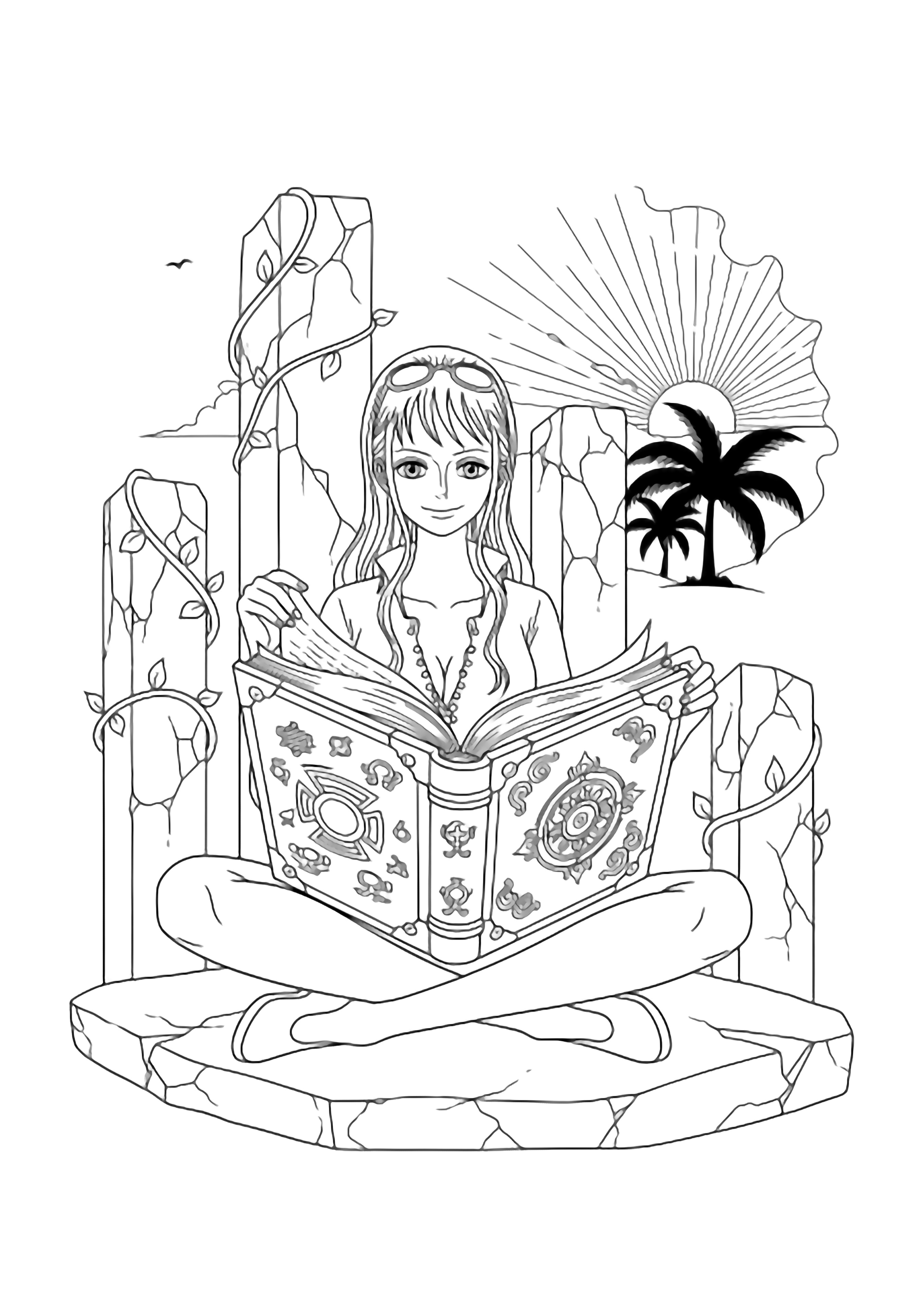 Nico Robin sits cross-legged on broken stone, turning a giant page; cracked pillars, vines, and distant palm fronds behind her. kleurplaat