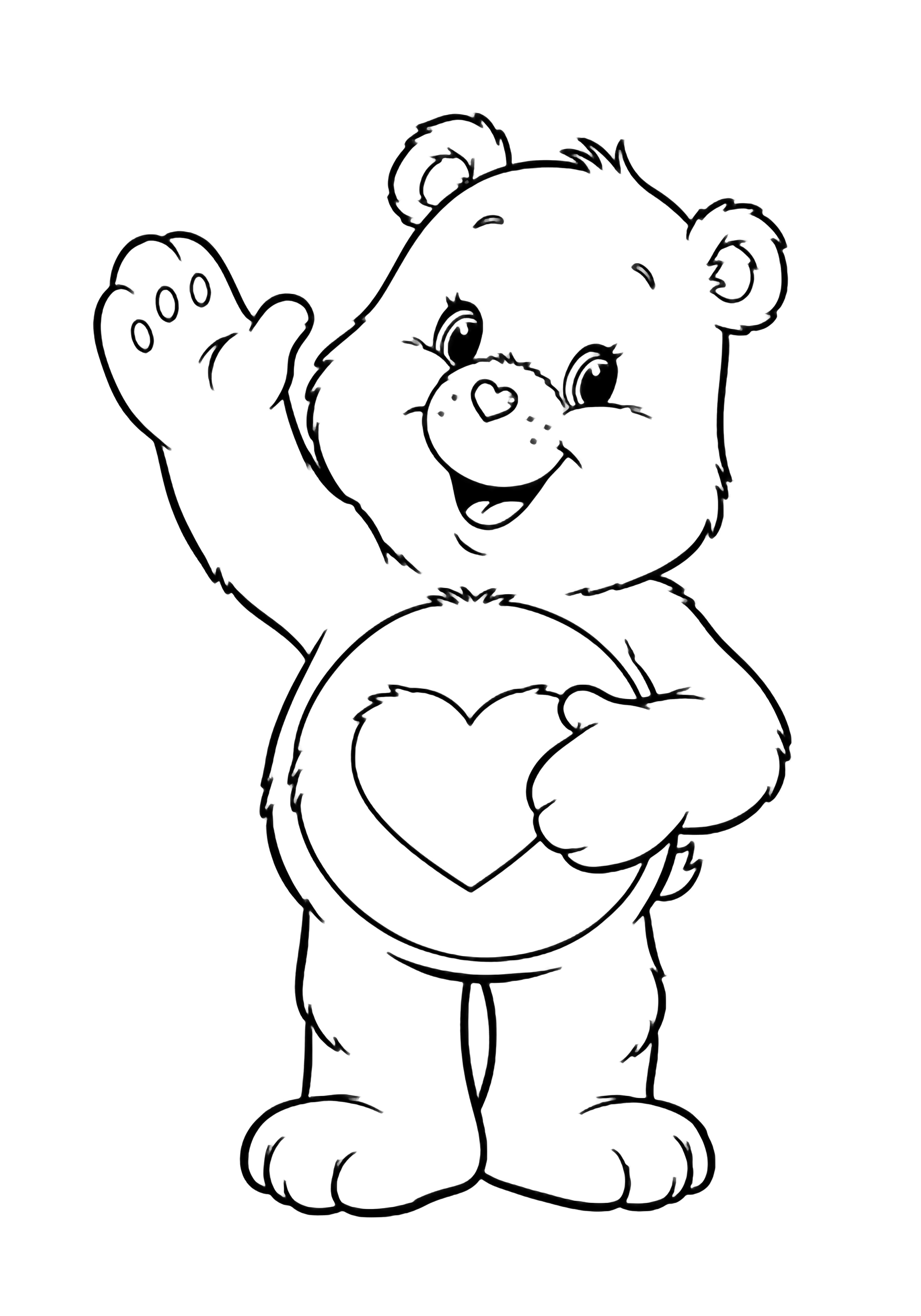 A cheerful Care Bear waves with one paw, the other on its belly; tummy symbol outlined but empty, sparkling dotted eyes, big smile. kleurplaat