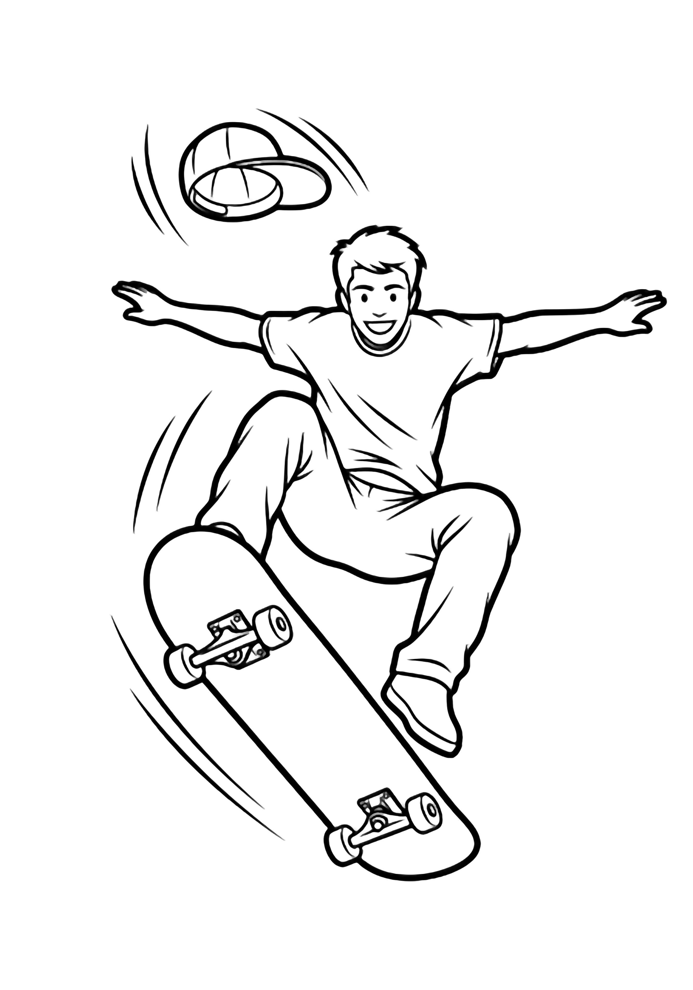 A smiling skateboarder kicks the board high mid-jump, arms wide, knees tucked, cap flying off, with motion lines. kleurplaat