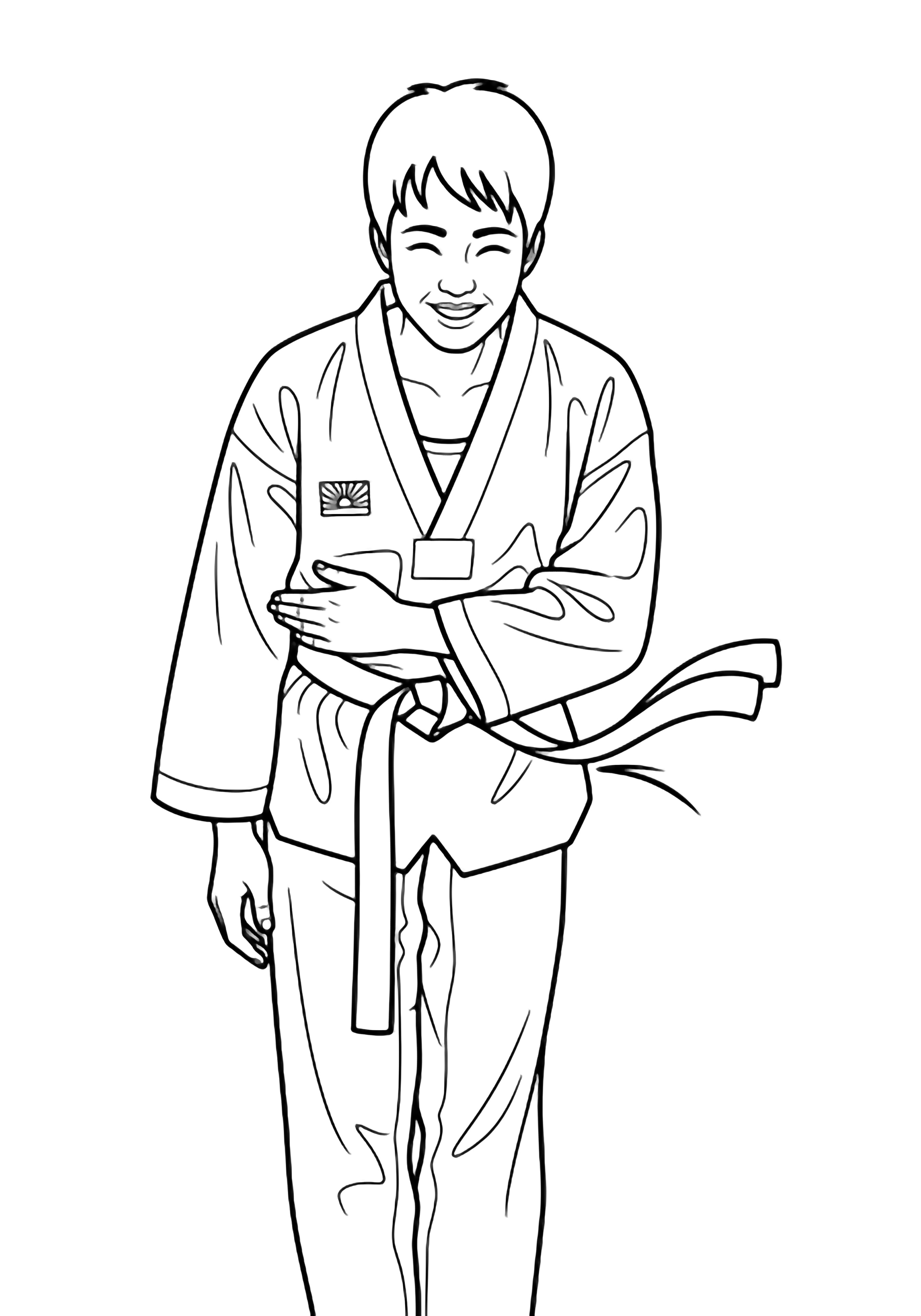 A smiling taekwondo student in loose dobok bows deeply, one arm across waist, belt ends flowing, small rising sun emblem on chest. kleurplaat